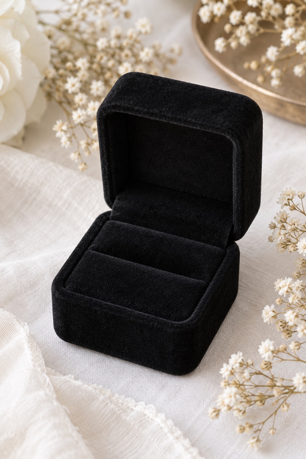 Black square velvet ring box open on a neutral wedding flat lay