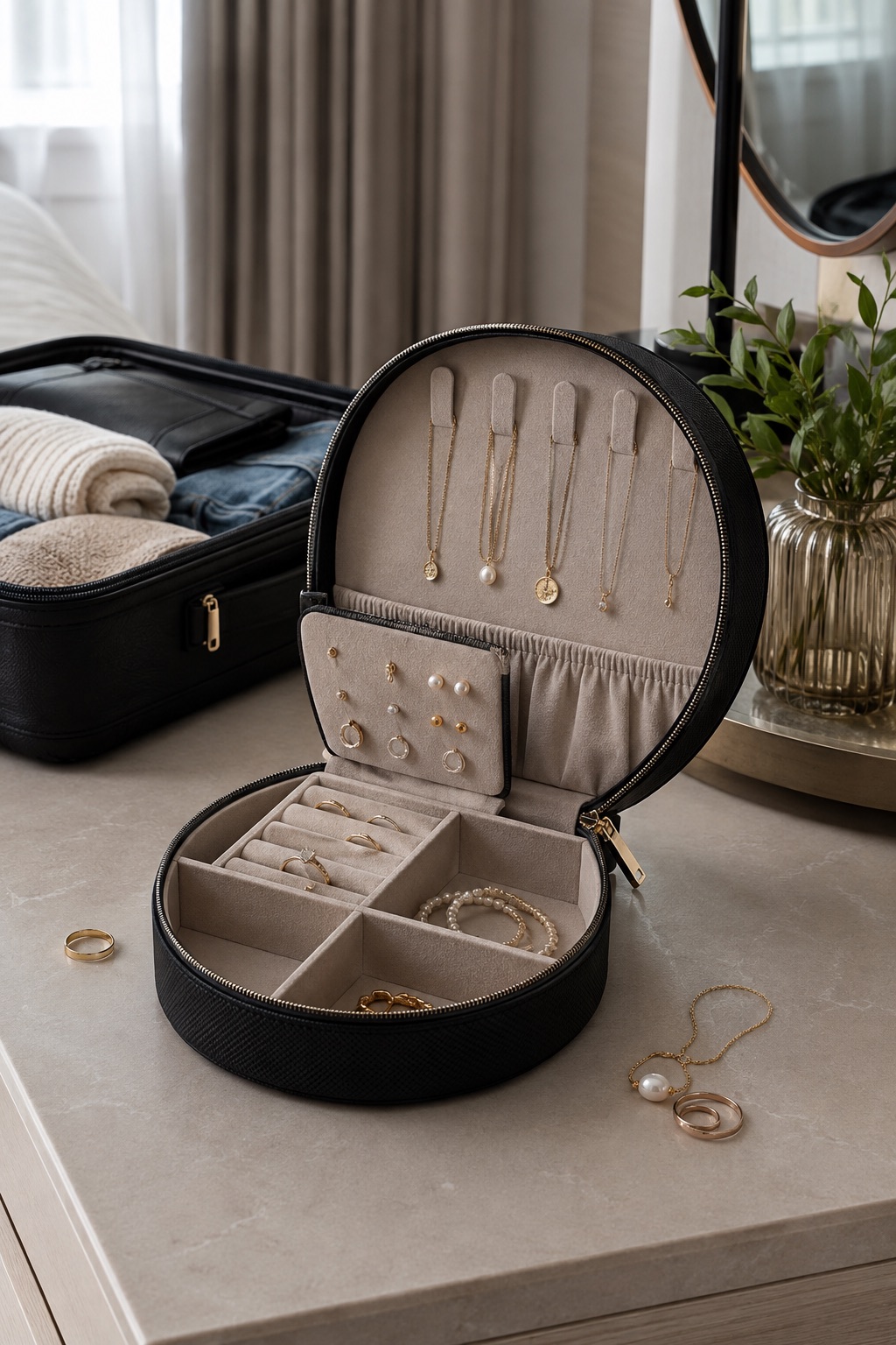 10 Compact Travel Jewelry Cases That Fit in a Carry-On Compact half-moon travel jewelry case open beside a carry-on