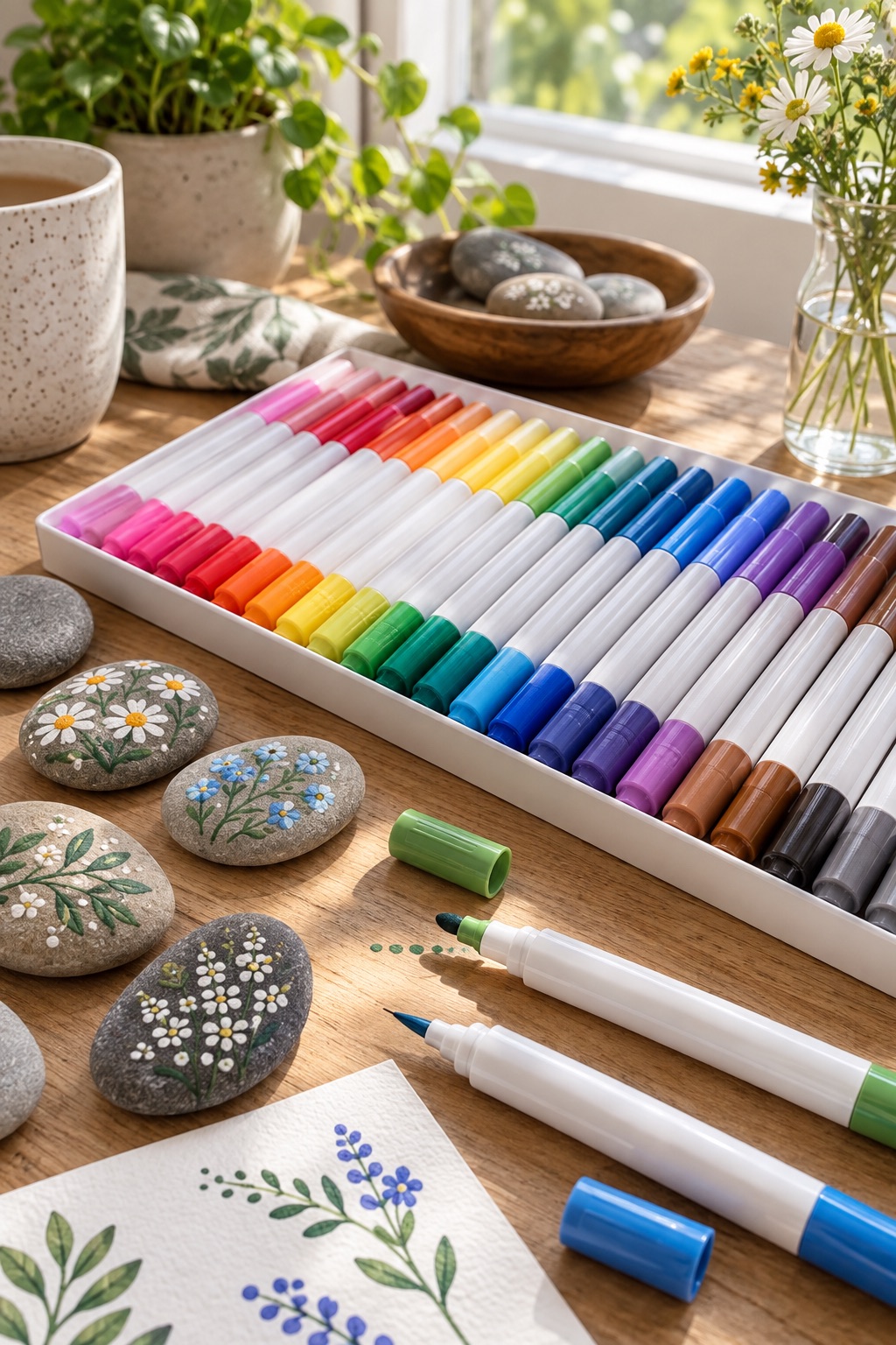 Dual-tip acrylic paint markers with painted floral pebbles