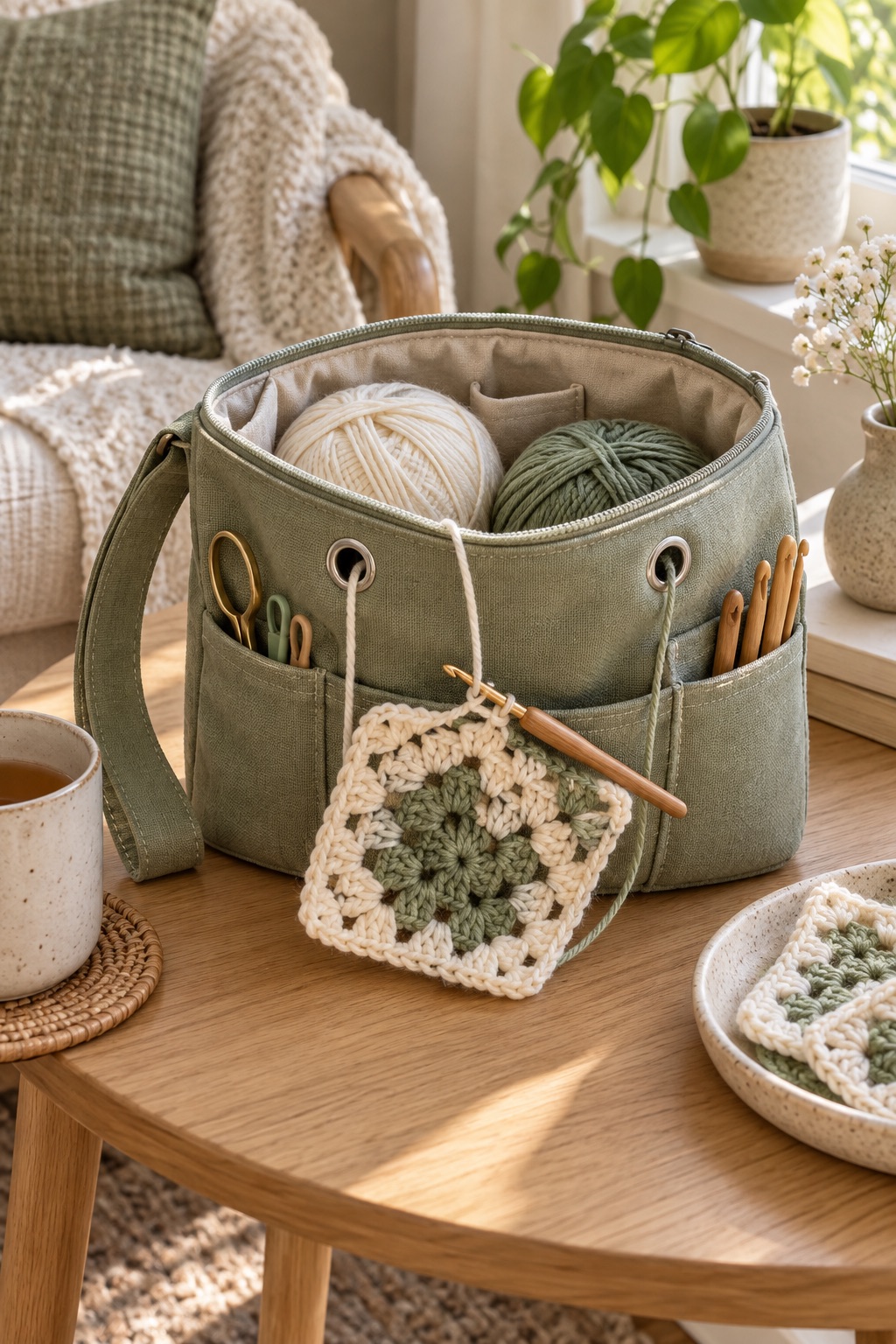 13 Crochet Project Bags That Keep Yarn Tangle-Free on the Go Compact sage crochet project bag with yarn and an unfinished granny square