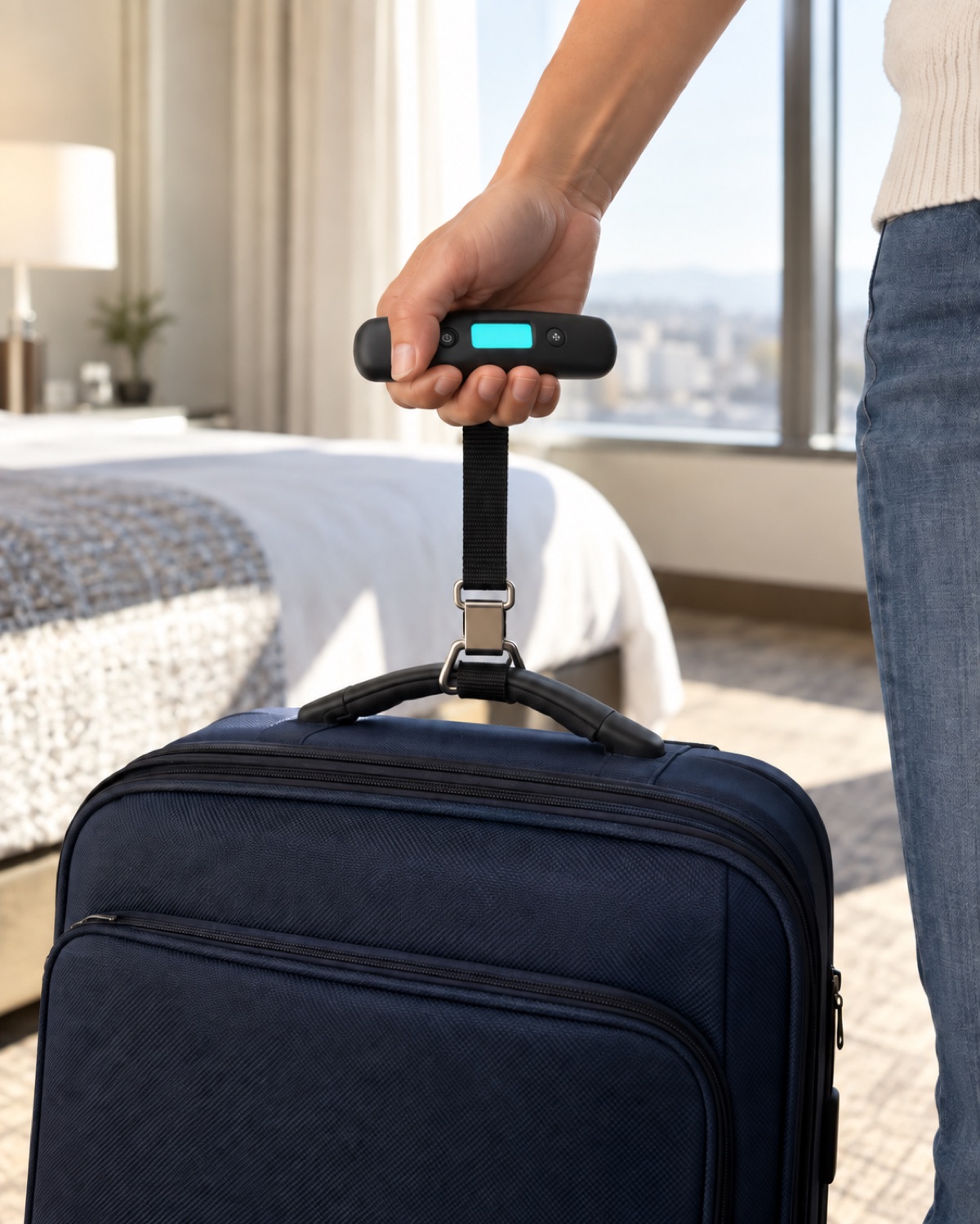 10 Portable Luggage Scales That Make Airline Weight Checks Easier Black compact digital luggage scale weighing a navy suitcase in a bright hotel room