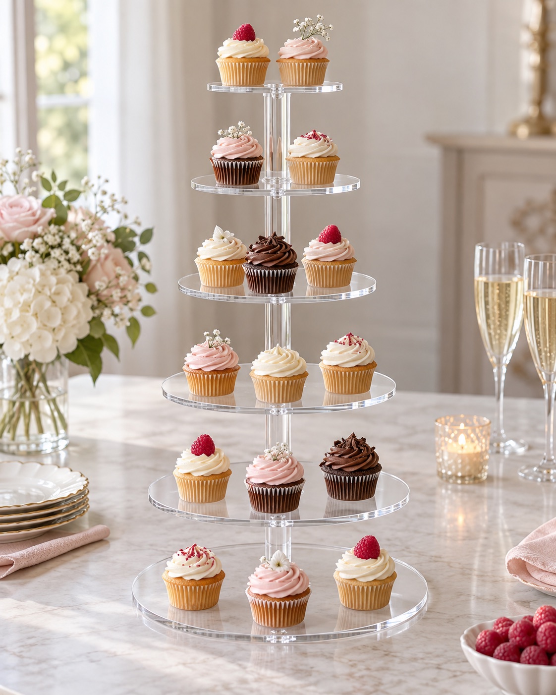 10 Tiered Cupcake Stands for Small Party Dessert Tables Clear six-tier acrylic cupcake tower on a compact party dessert table