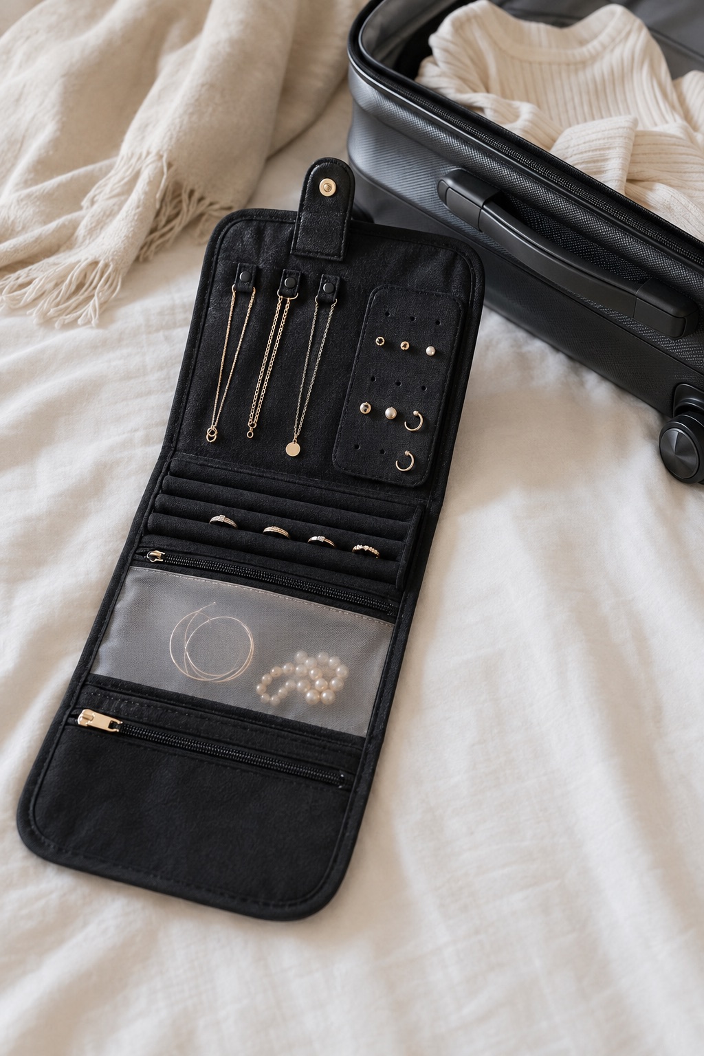 10 Compact Travel Jewelry Cases That Fit in a Carry-On Slim black foldable jewelry organizer open beside a suitcase
