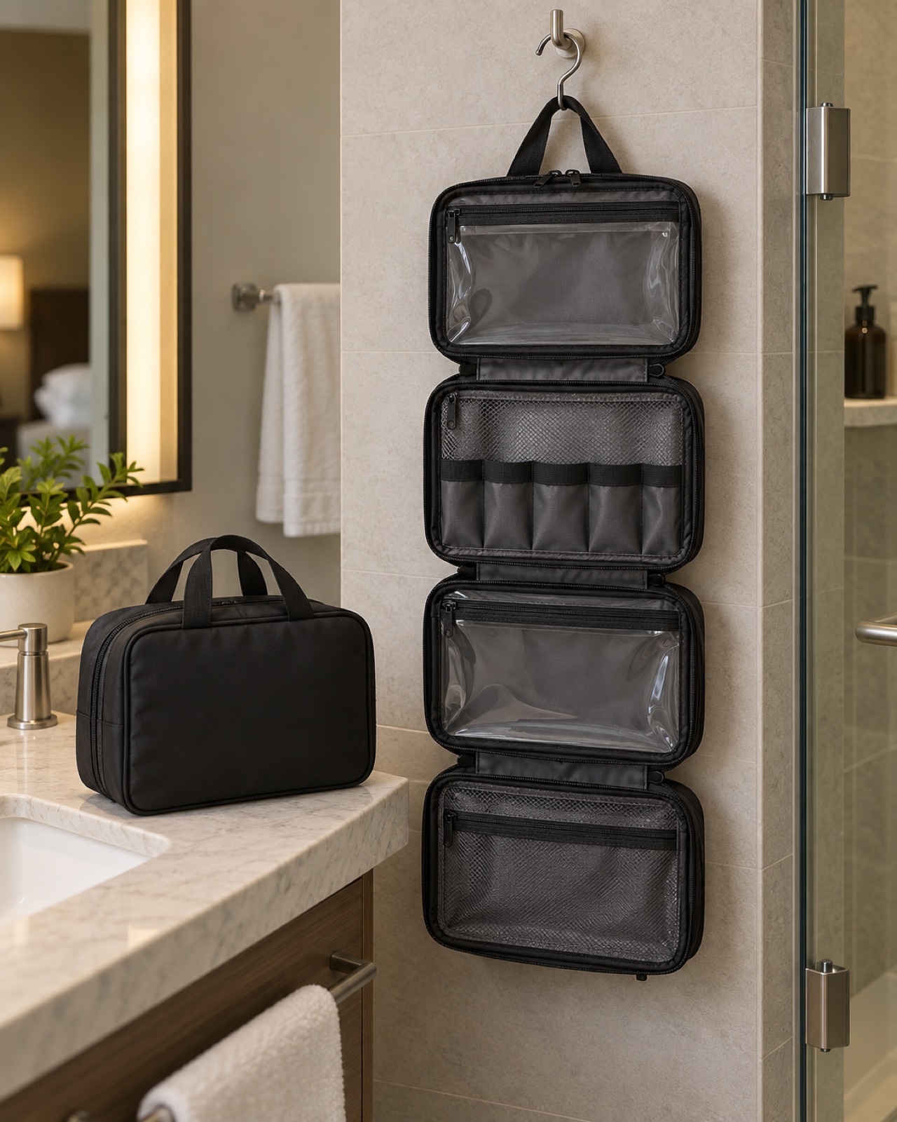 Open black BAGSMART large four-compartment hanging toiletry organizer