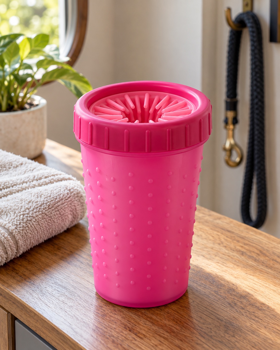 10 Dog Paw Cleaners for Muddy Apartment Entryways Medium fuchsia cylindrical paw washer with inward silicone bristles in an entryway