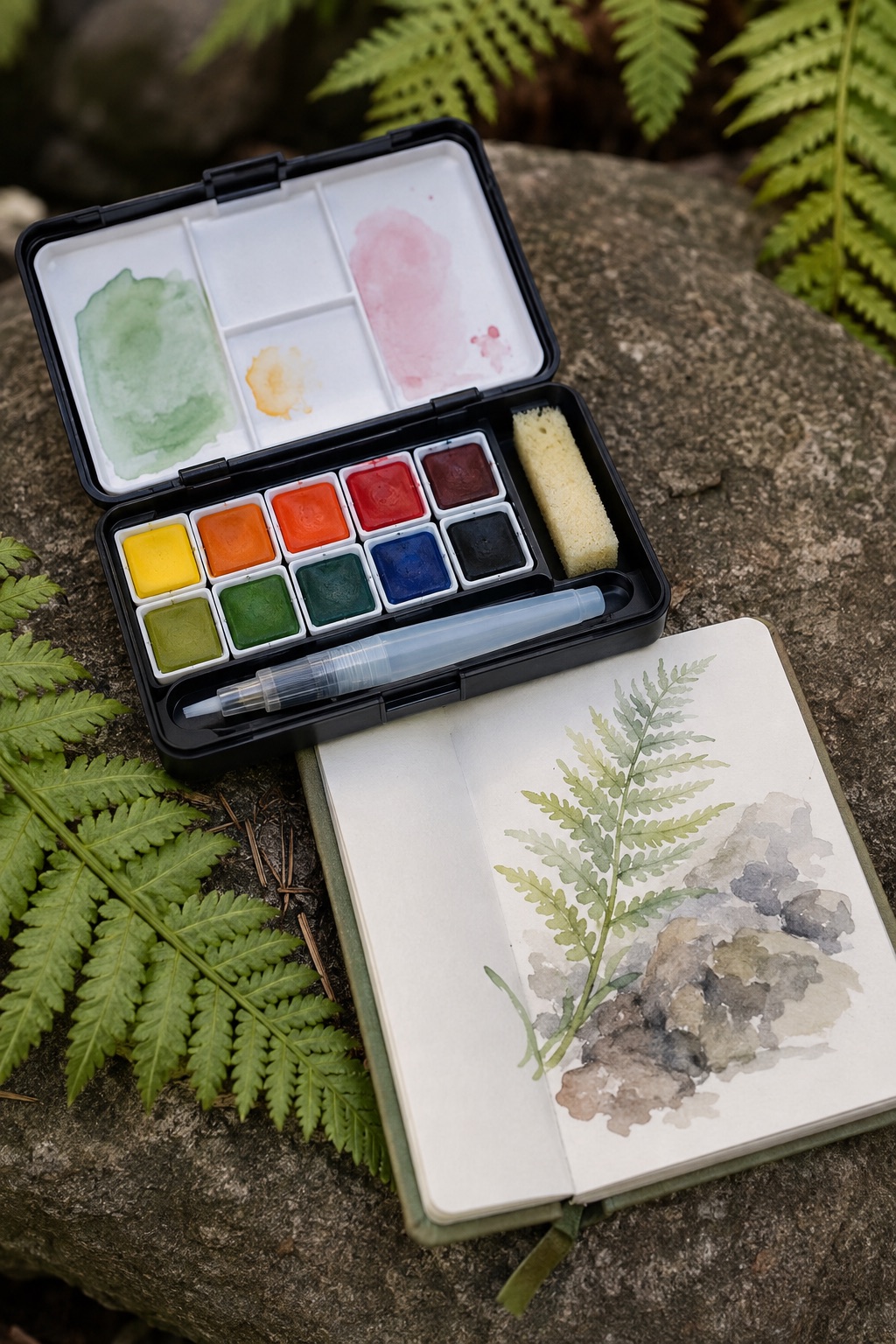 12 Portable Watercolor Sets for Beginner Nature Journaling Pocket watercolor field sketch kit beside a painted fern journal