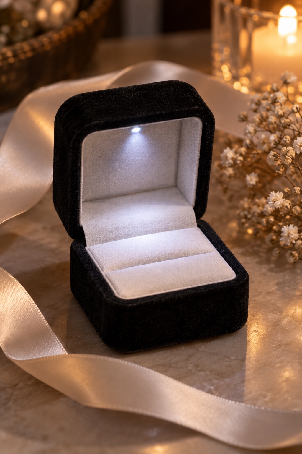 Black LED ring box opened beside ribbon and dried flowers.