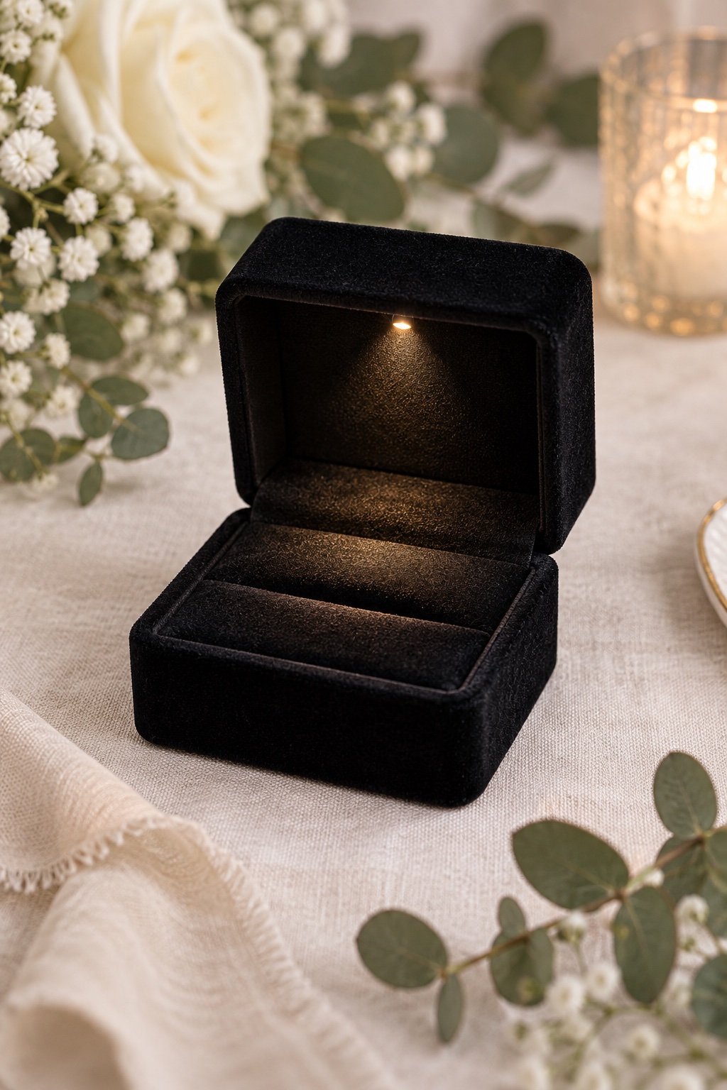 Black rectangular velvet LED ring box open on a wedding flat lay