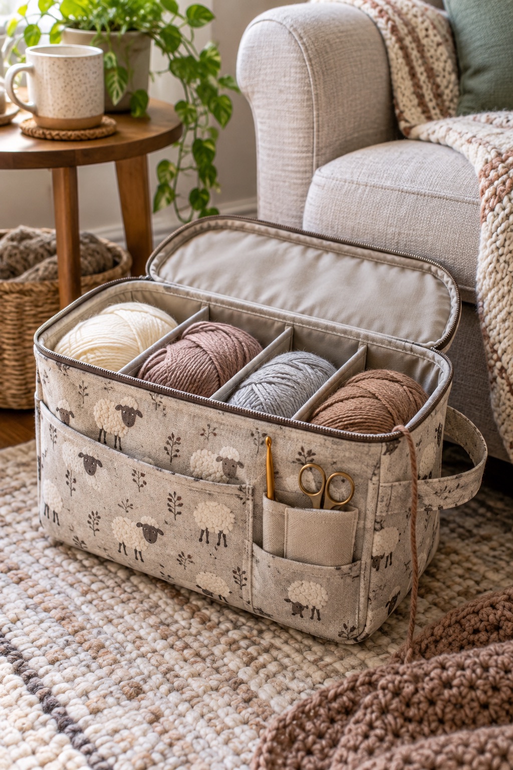 13 Crochet Project Bags That Keep Yarn Tangle-Free on the Go Zippered yarn project bag with separated skeins beside a cozy armchair