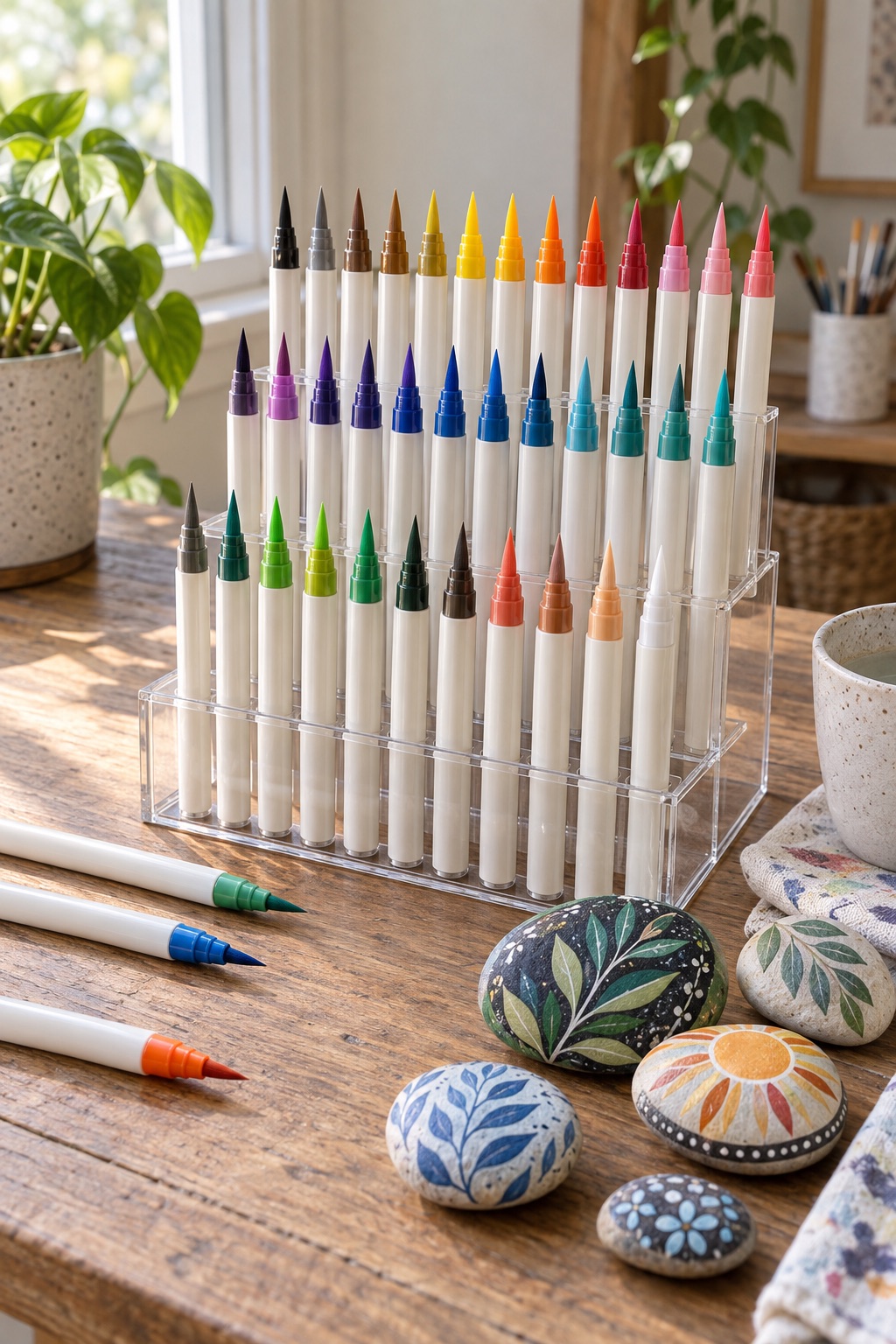 Brush-tip acrylic paint markers in a tiered stand beside painted rocks