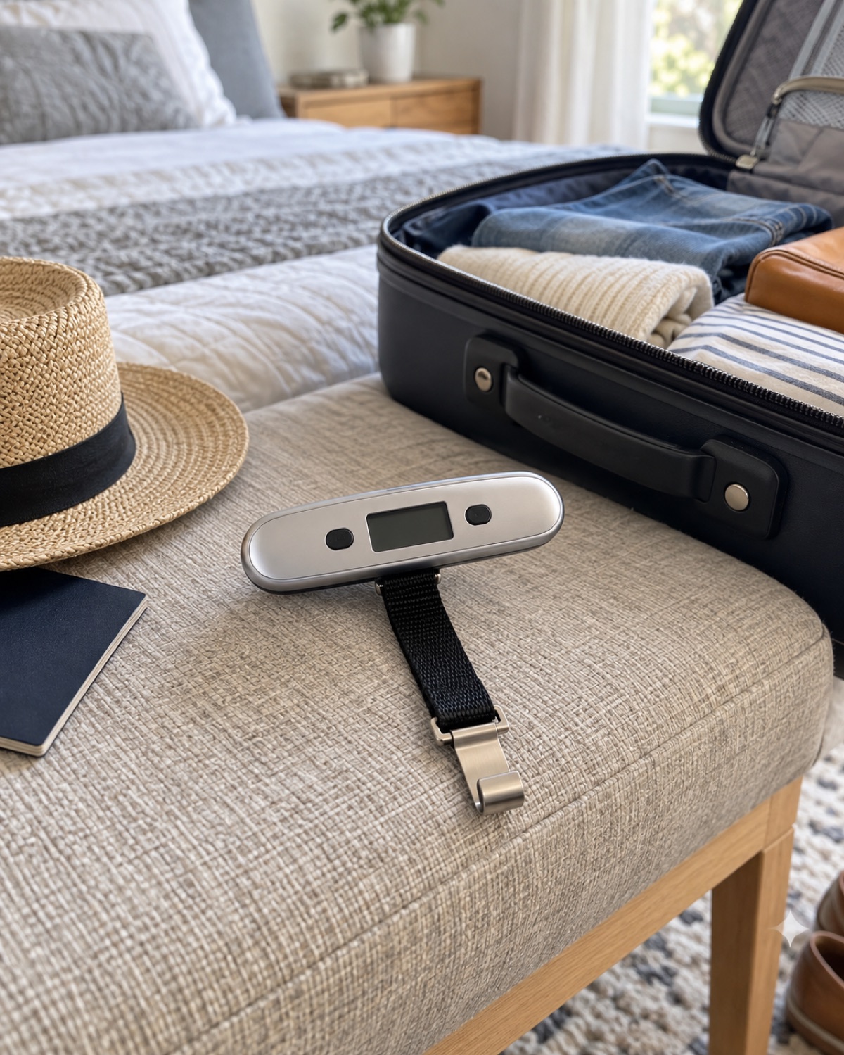 10 Portable Luggage Scales That Make Airline Weight Checks Easier Slim silver digital luggage scale beside an open carry-on suitcase