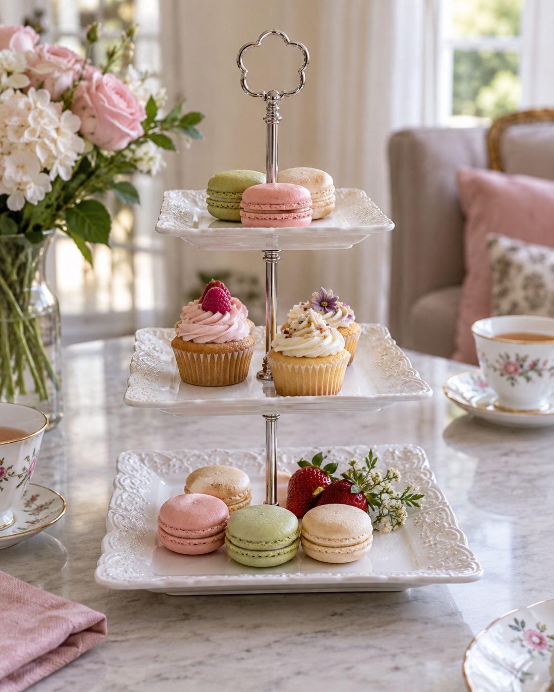 10 Tiered Cupcake Stands for Small Party Dessert Tables White three-tier square porcelain dessert stand with flower-shaped handle