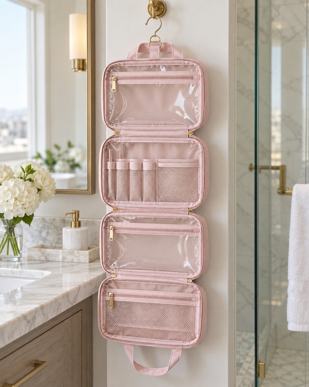 Open baby-pink BAGSMART medium hanging toiletry organizer