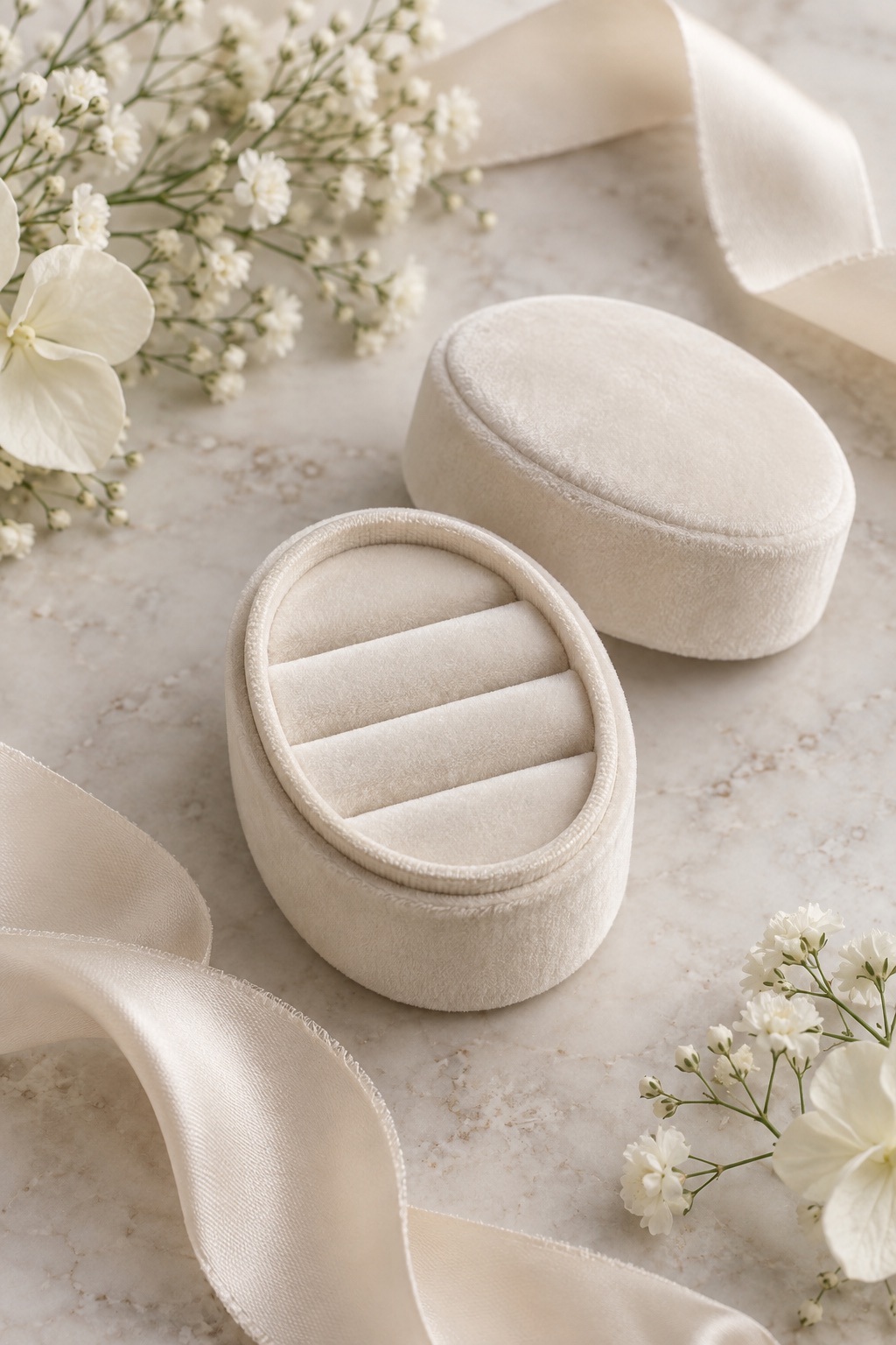 Ivory oval velvet three-slot ring box with its lid removed