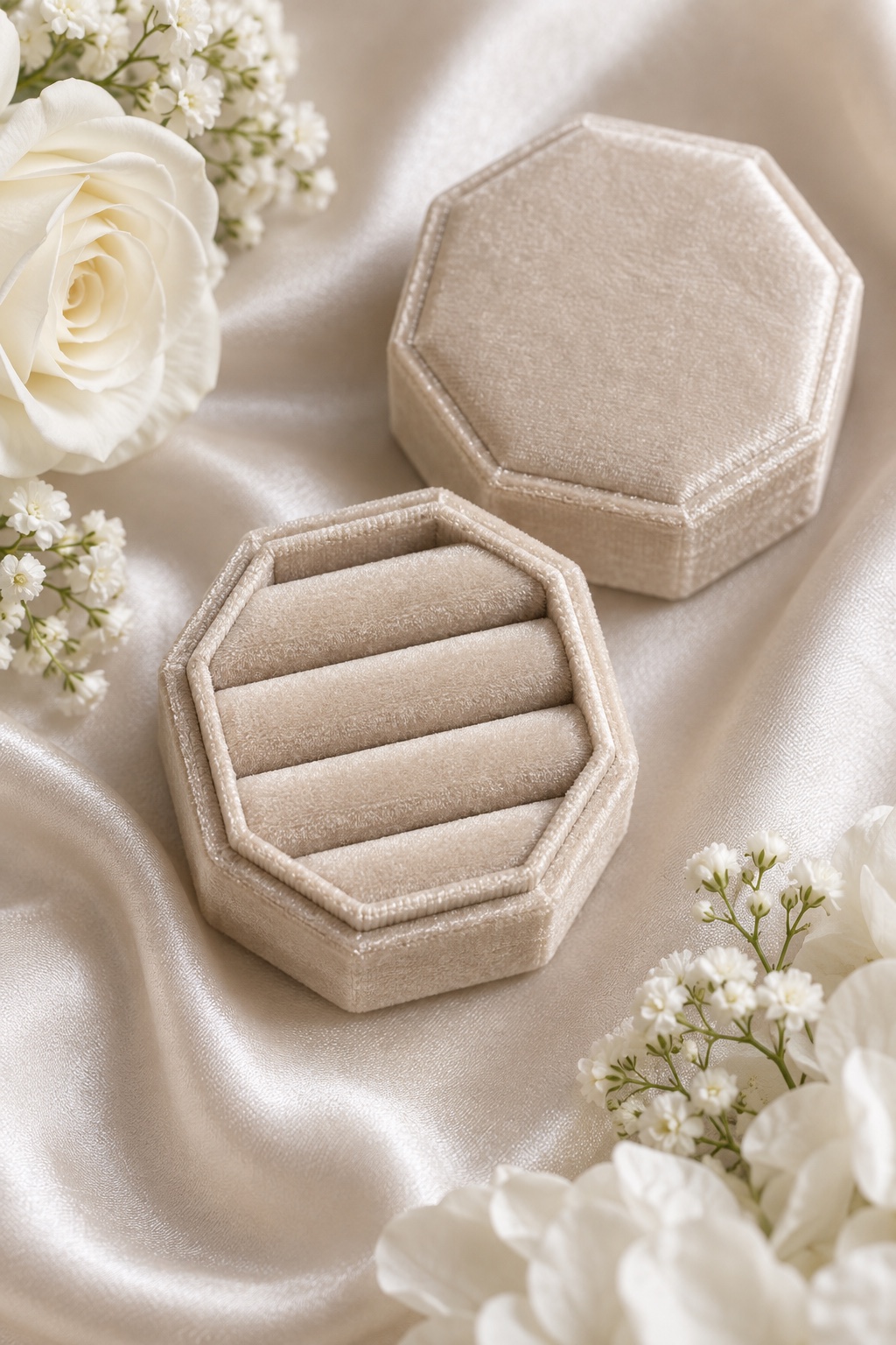 Champagne octagonal three-slot velvet ring box with removable lid.