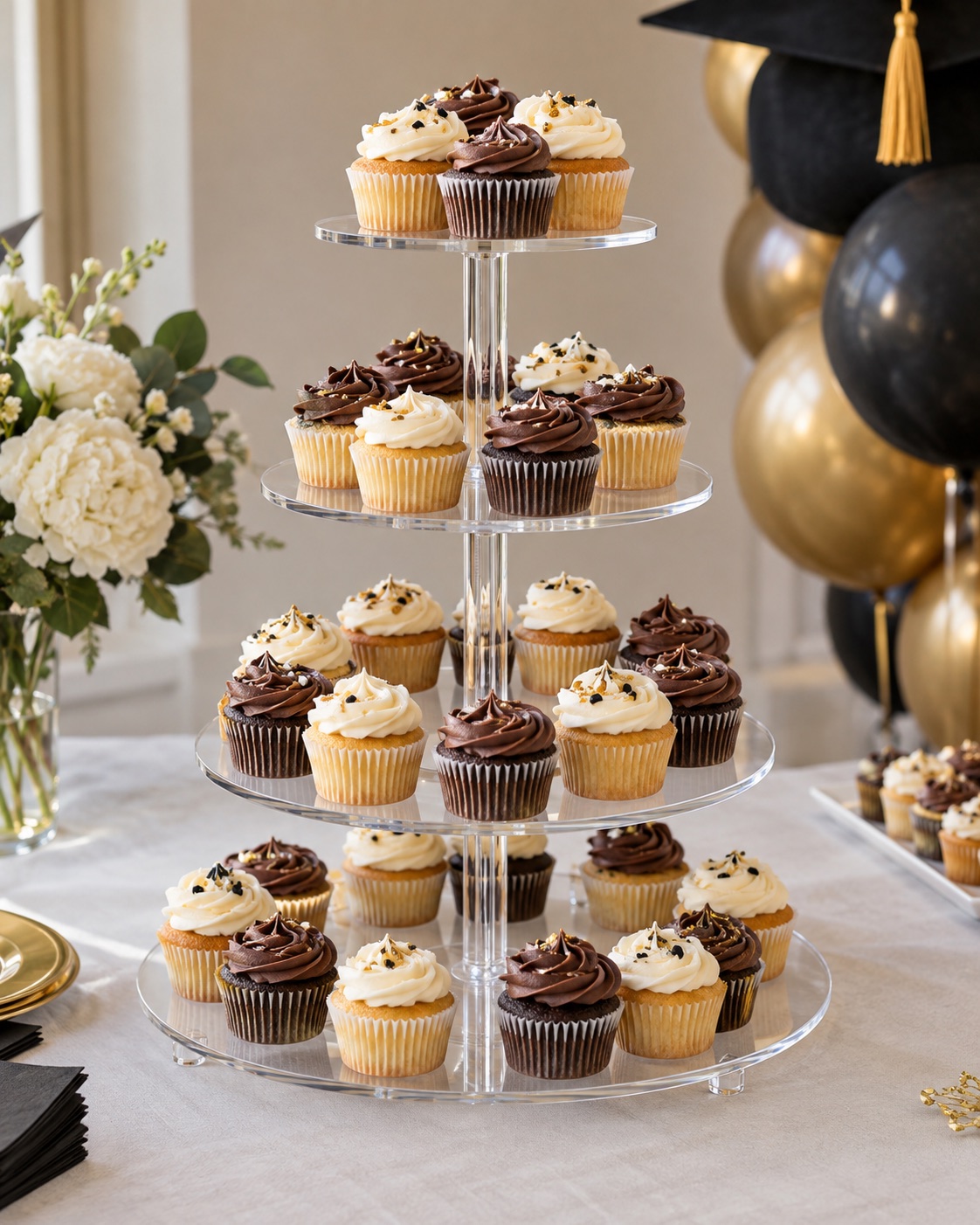 10 Tiered Cupcake Stands for Small Party Dessert Tables Clear four-tier round cupcake stand on a graduation dessert table