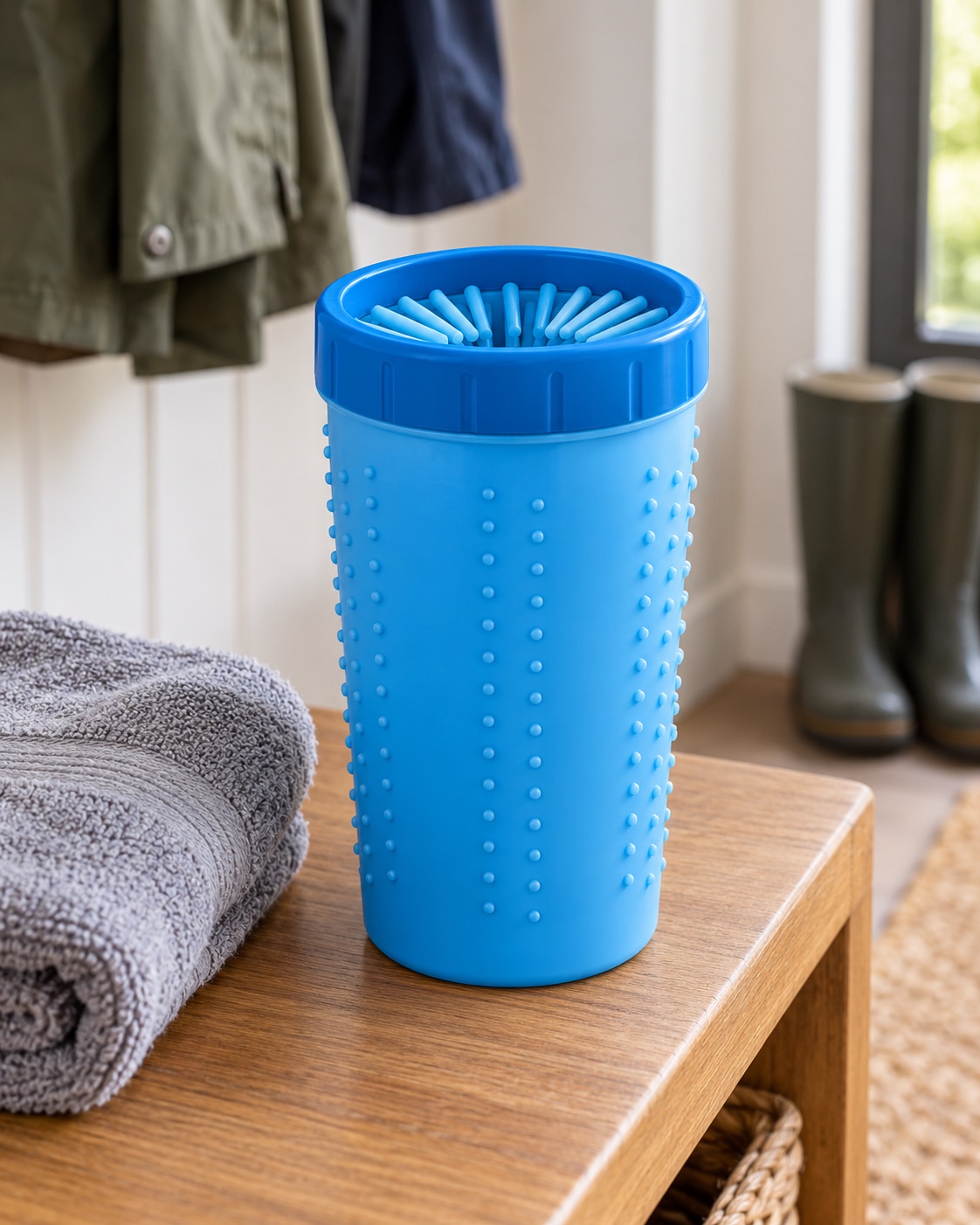 10 Dog Paw Cleaners for Muddy Apartment Entryways Large blue cylindrical paw washer with inward silicone bristles in a mudroom