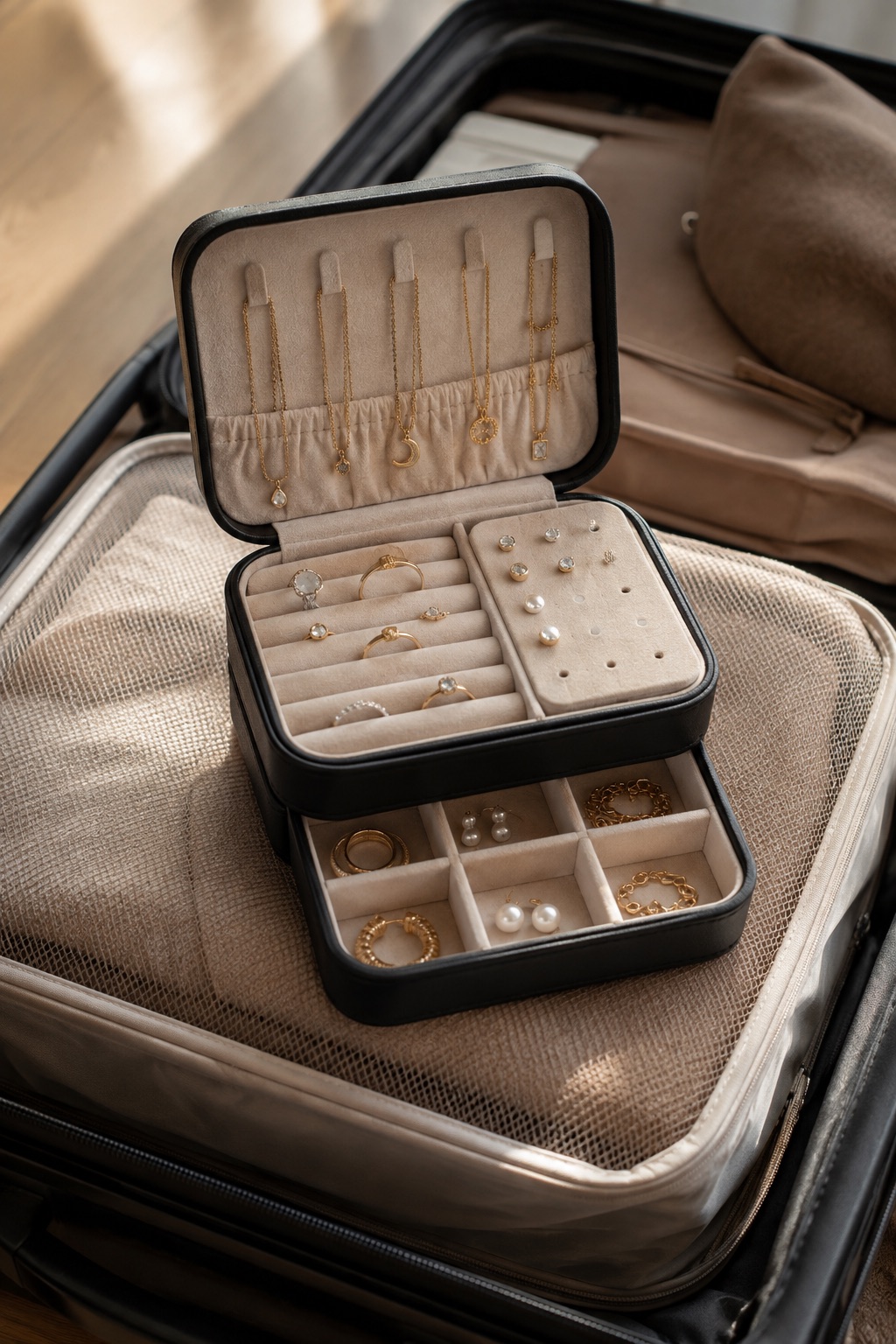 10 Compact Travel Jewelry Cases That Fit in a Carry-On Compact double-layer travel jewelry box arranged in a carry-on