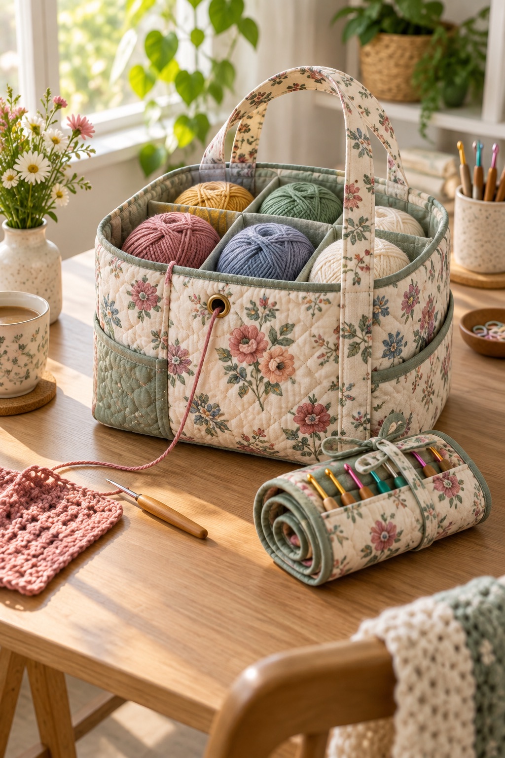 13 Crochet Project Bags That Keep Yarn Tangle-Free on the Go Quilted floral crochet tote with yarn compartments and hook organizer roll
