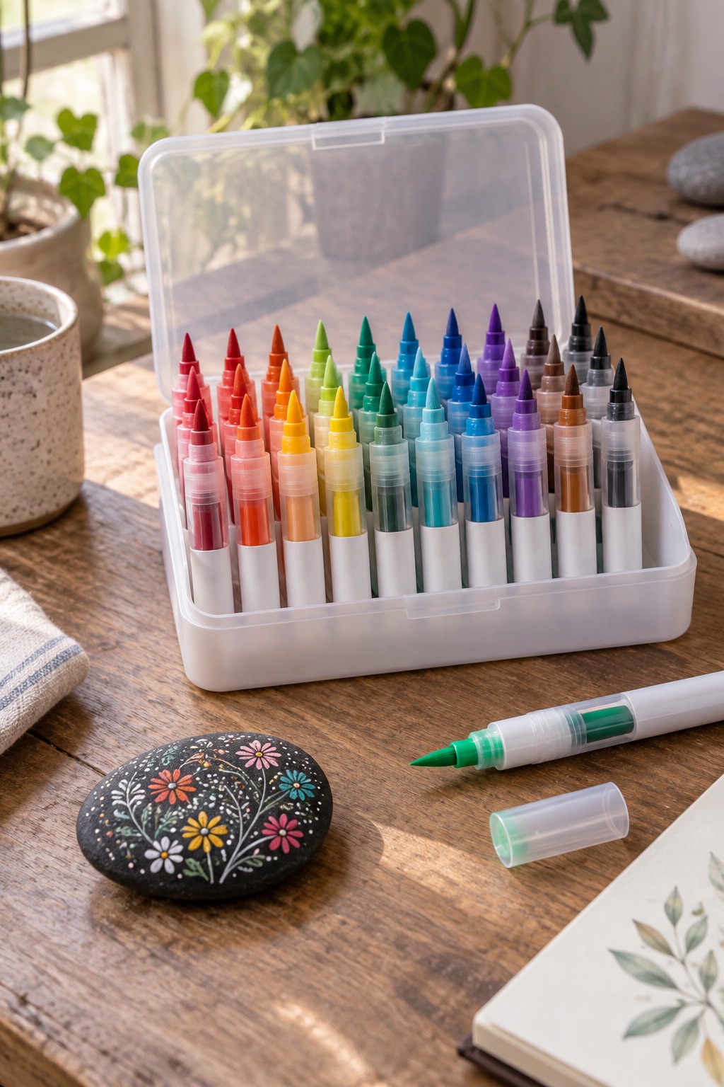 Compact acrylic brush marker set beside a flower-painted pebble