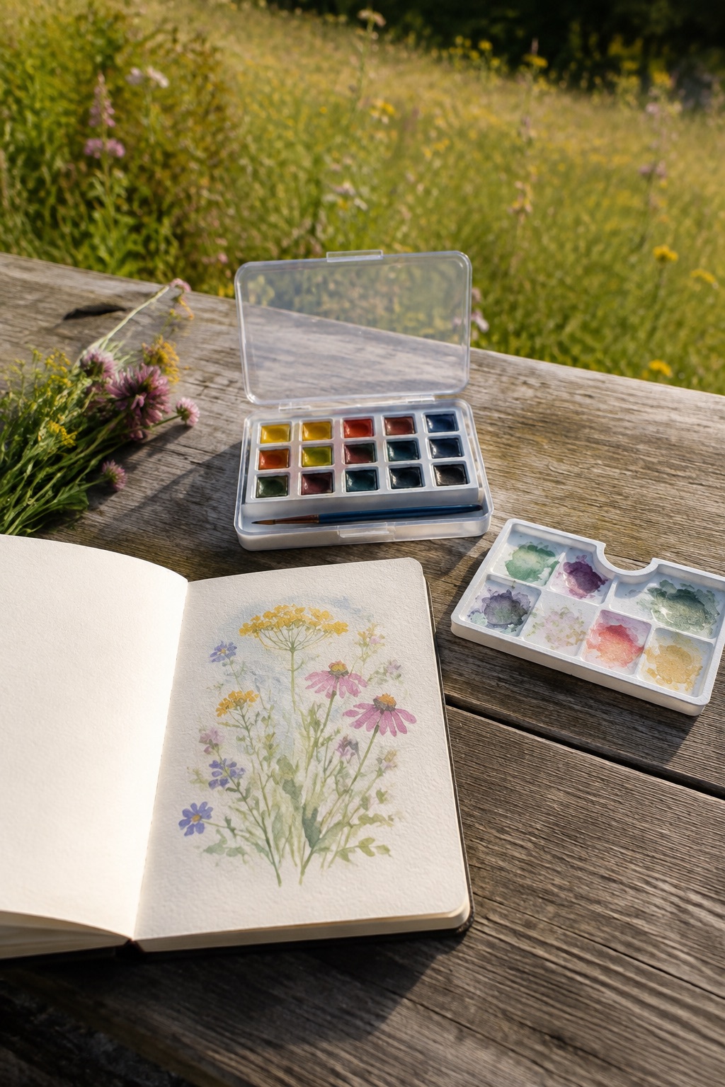 12 Portable Watercolor Sets for Beginner Nature Journaling Portable watercolor pocket box beside a wildflower journal