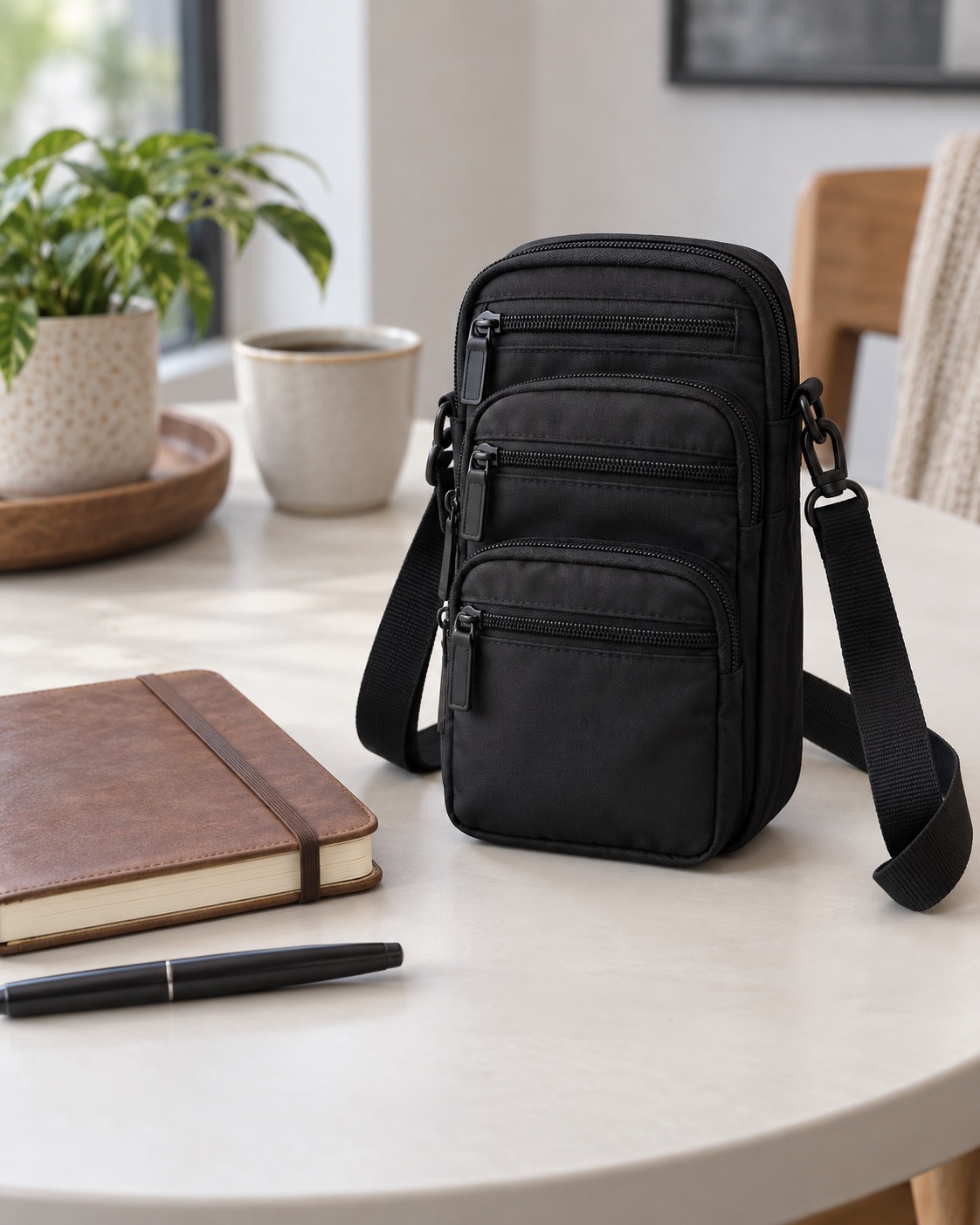 Ebony black nylon crossbody phone purse with layered zipper pockets