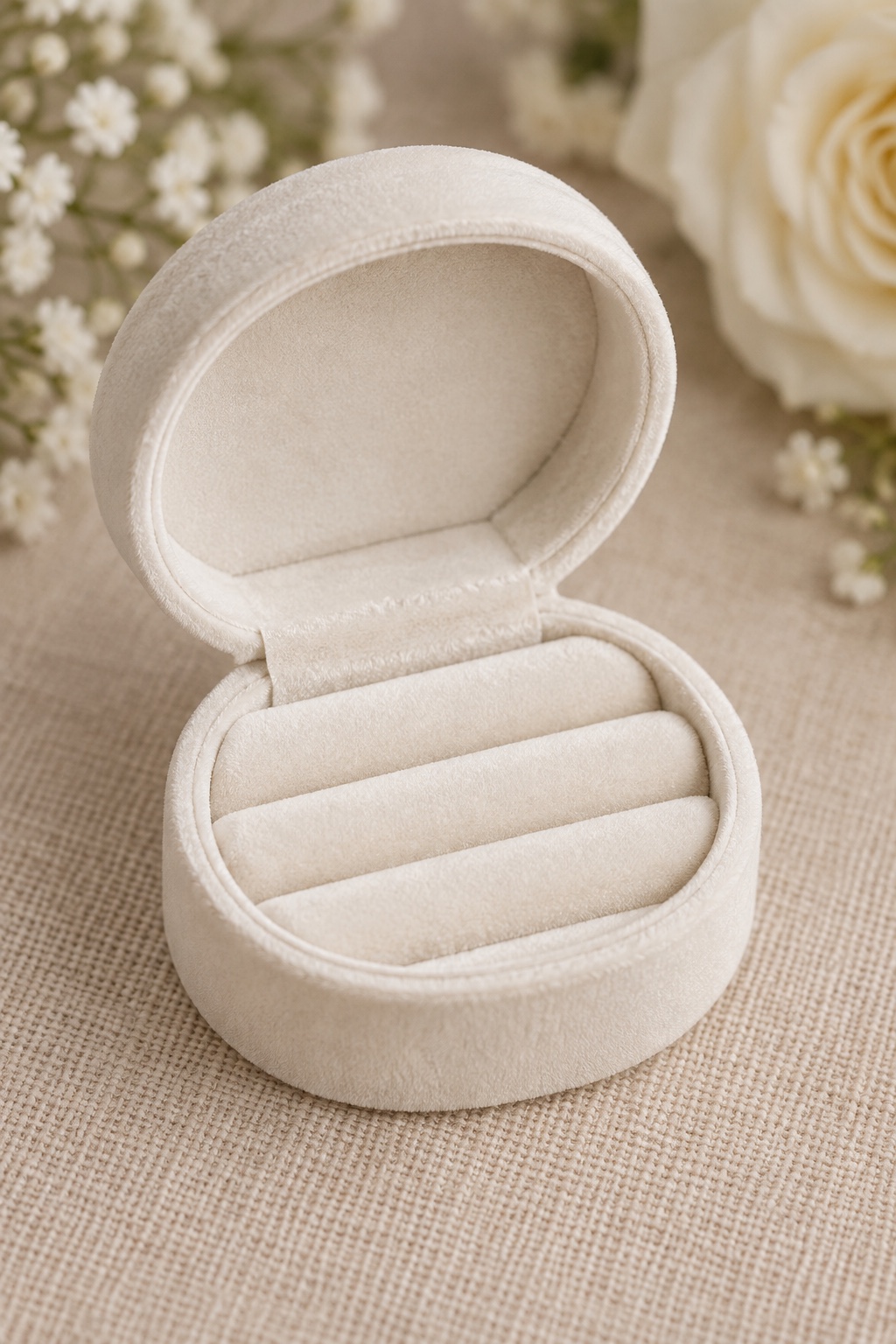Ivory oval three-slot velvet ring box opened on beige linen.