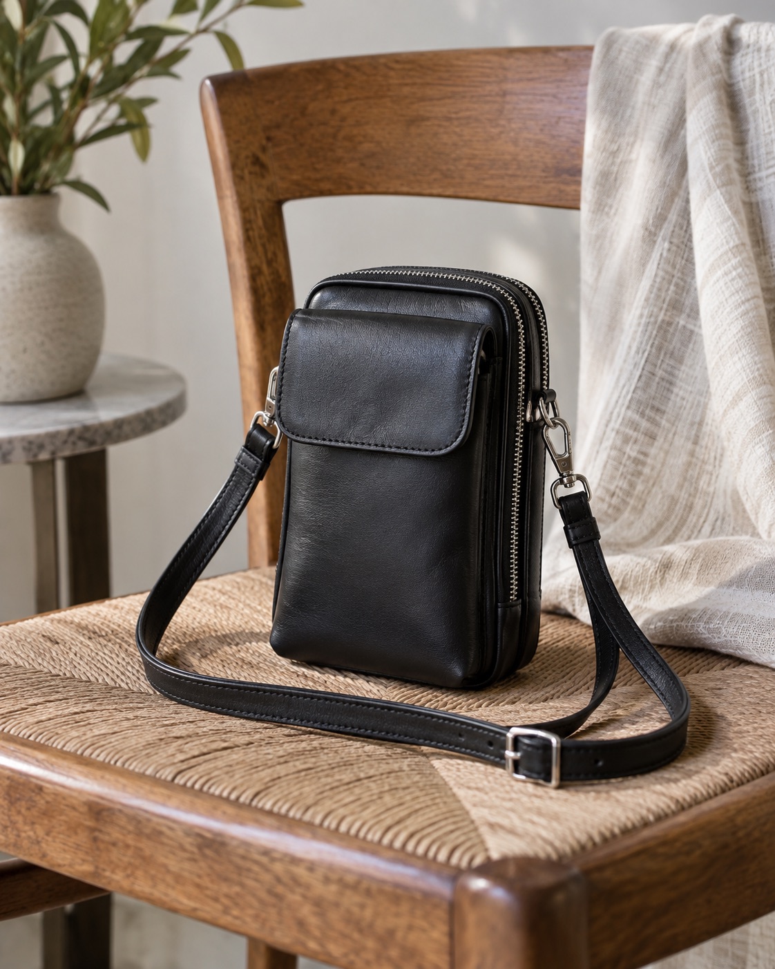 Black leather crossbody phone bag with a magnetic flap pocket