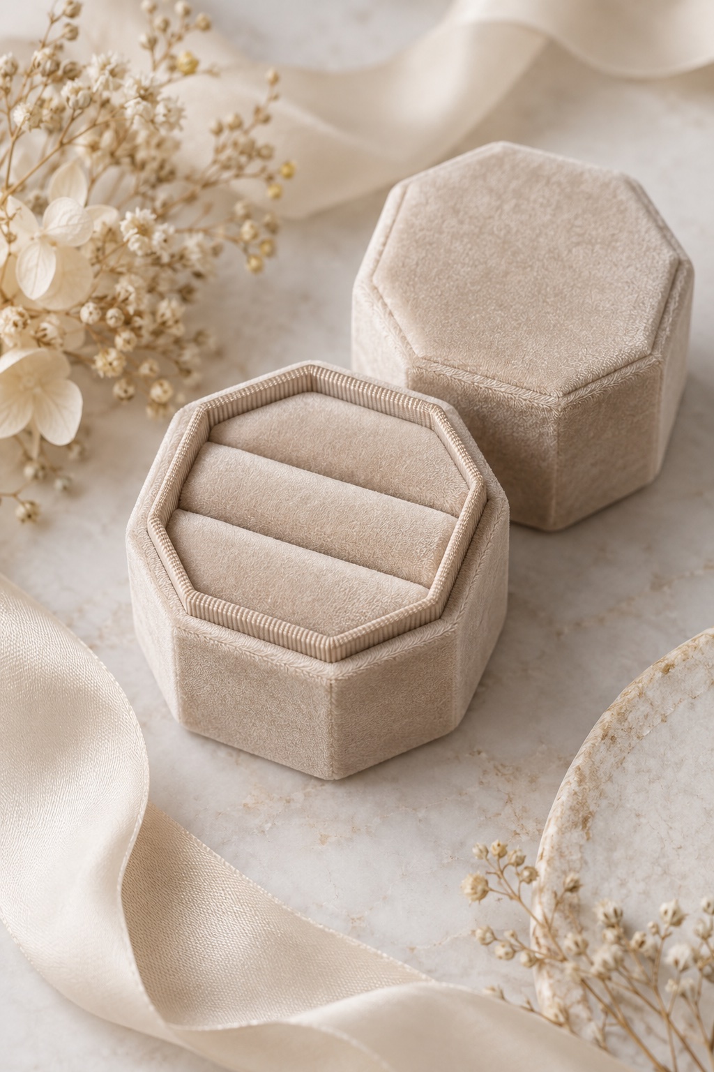 Champagne velvet octagonal three-slot ring box on a bridal flat lay