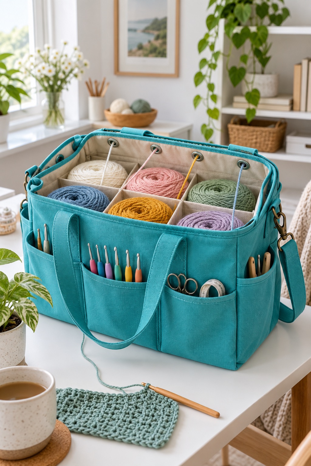 13 Crochet Project Bags That Keep Yarn Tangle-Free on the Go Turquoise canvas crochet tote with divided yarn storage and accessory pockets
