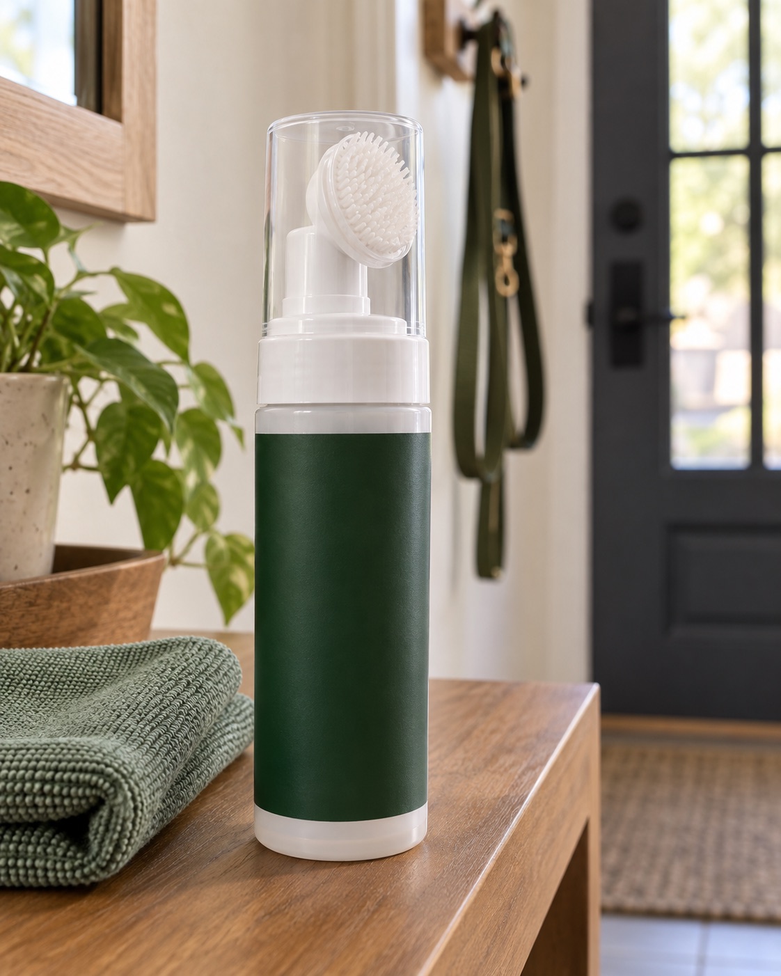 10 Dog Paw Cleaners for Muddy Apartment Entryways White foaming paw cleanser bottle with round silicone brush and clear cap