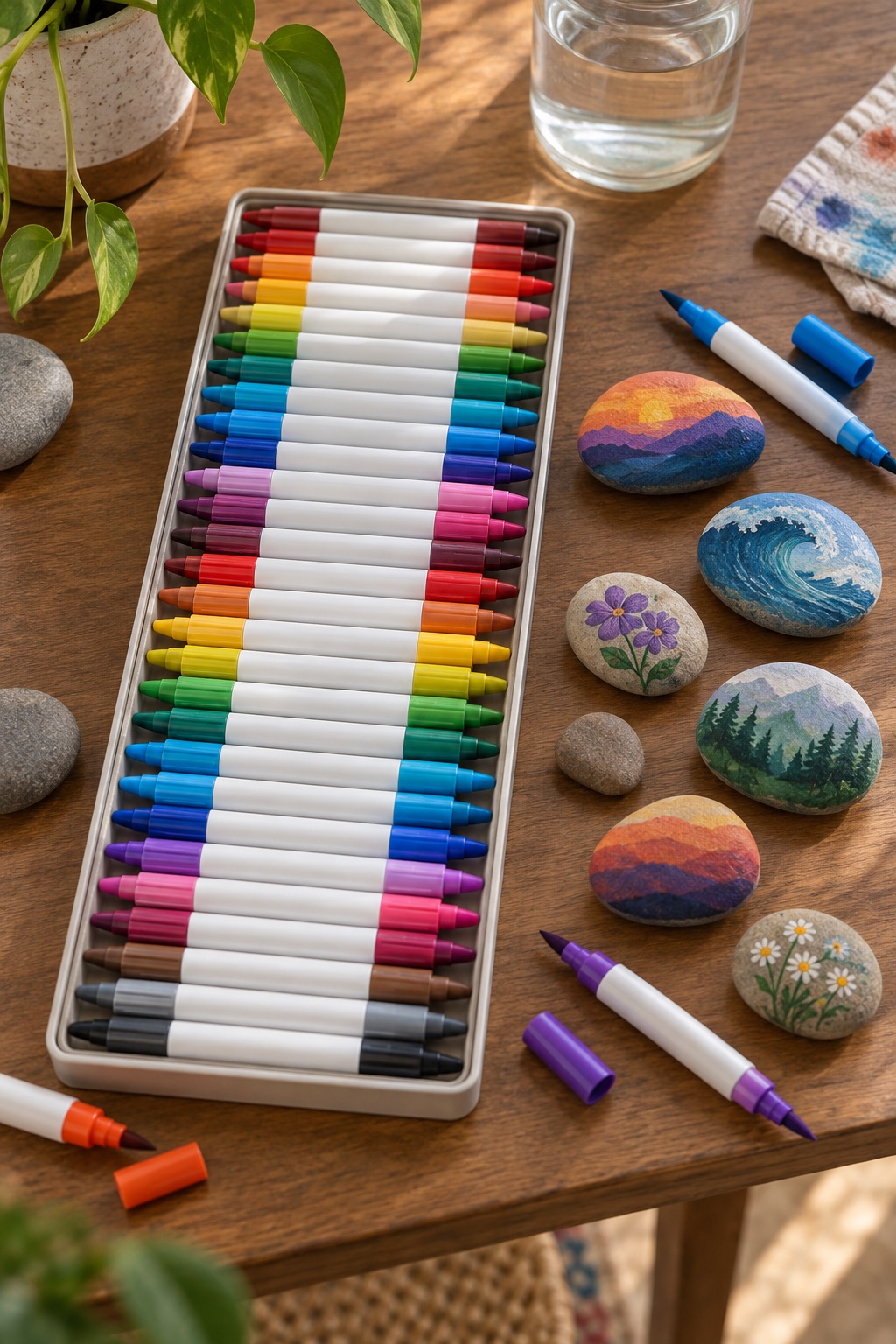 Double-ended acrylic markers beside colorful landscape pebbles