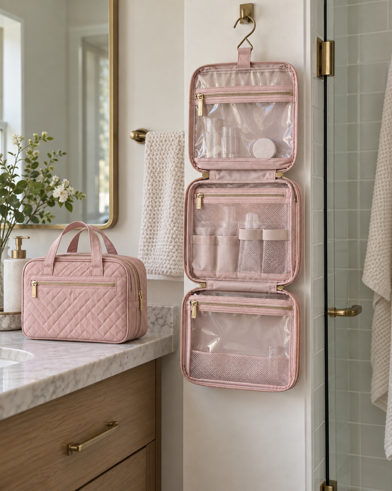 Open blush-pink NISHEL medium hanging toiletry organizer