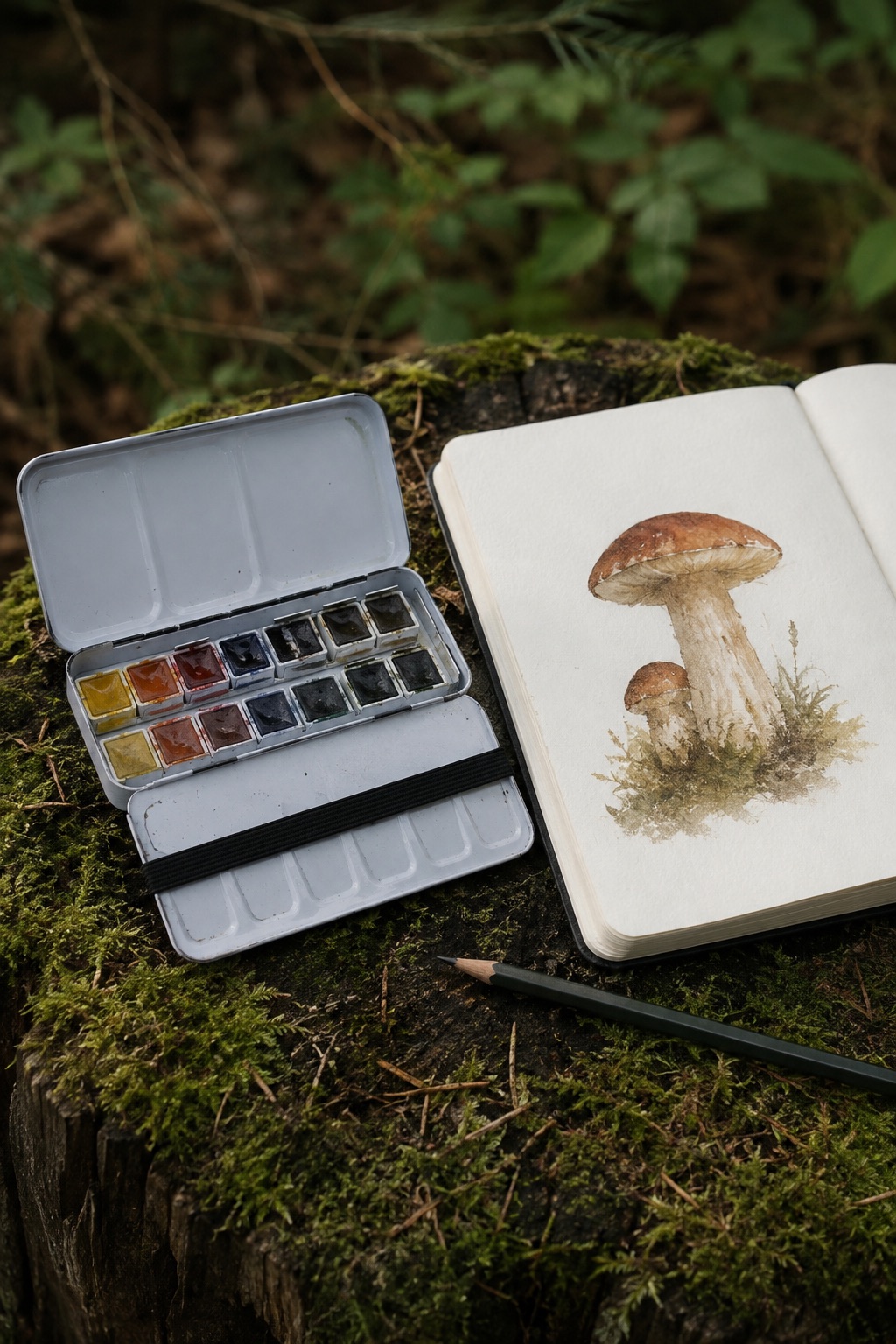 12 Portable Watercolor Sets for Beginner Nature Journaling Small watercolor box with elastic strap beside a mushroom journal