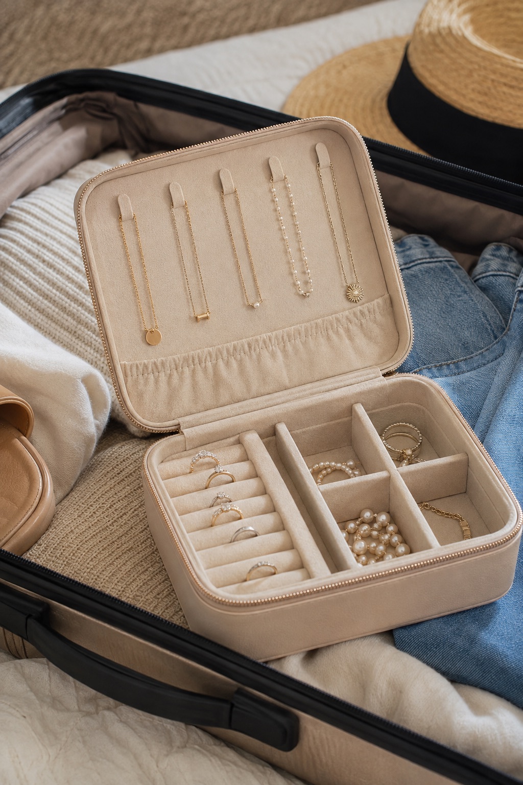 10 Compact Travel Jewelry Cases That Fit in a Carry-On Beige two-layer travel jewelry case with adjustable compartments