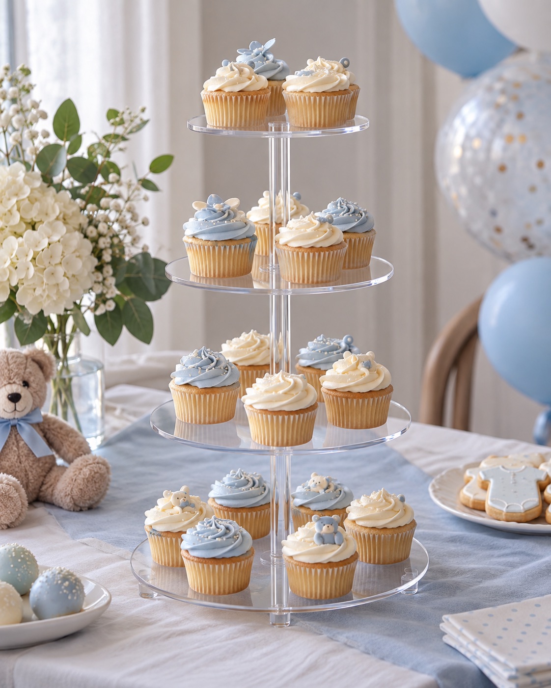 10 Tiered Cupcake Stands for Small Party Dessert Tables Clear four-tier acrylic cupcake stand with pastel cupcakes