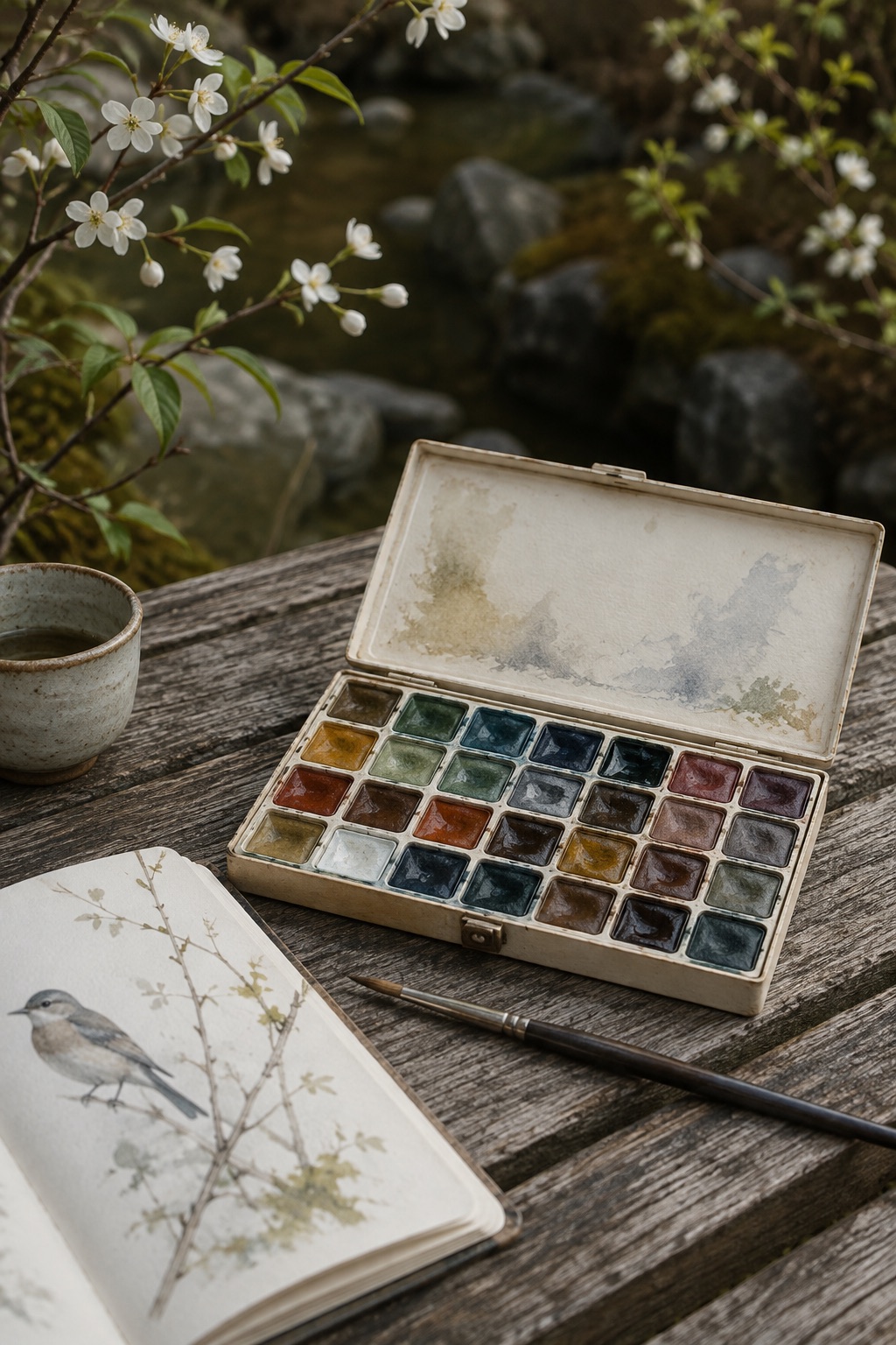 12 Portable Watercolor Sets for Beginner Nature Journaling Twenty-four-color watercolor set beside a painted bird nature journal