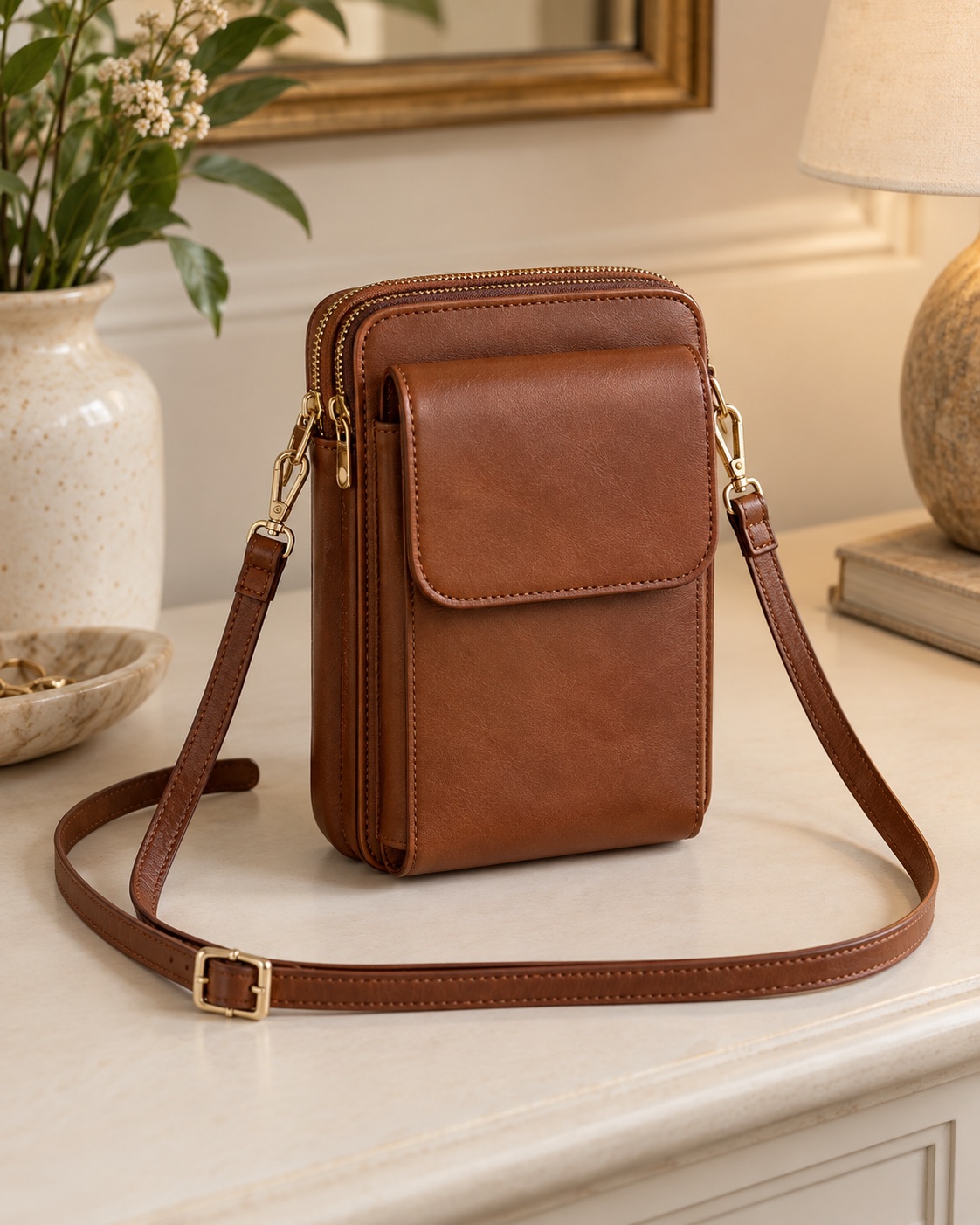 Retro brown vegan-leather crossbody phone wallet with gold-tone hardware