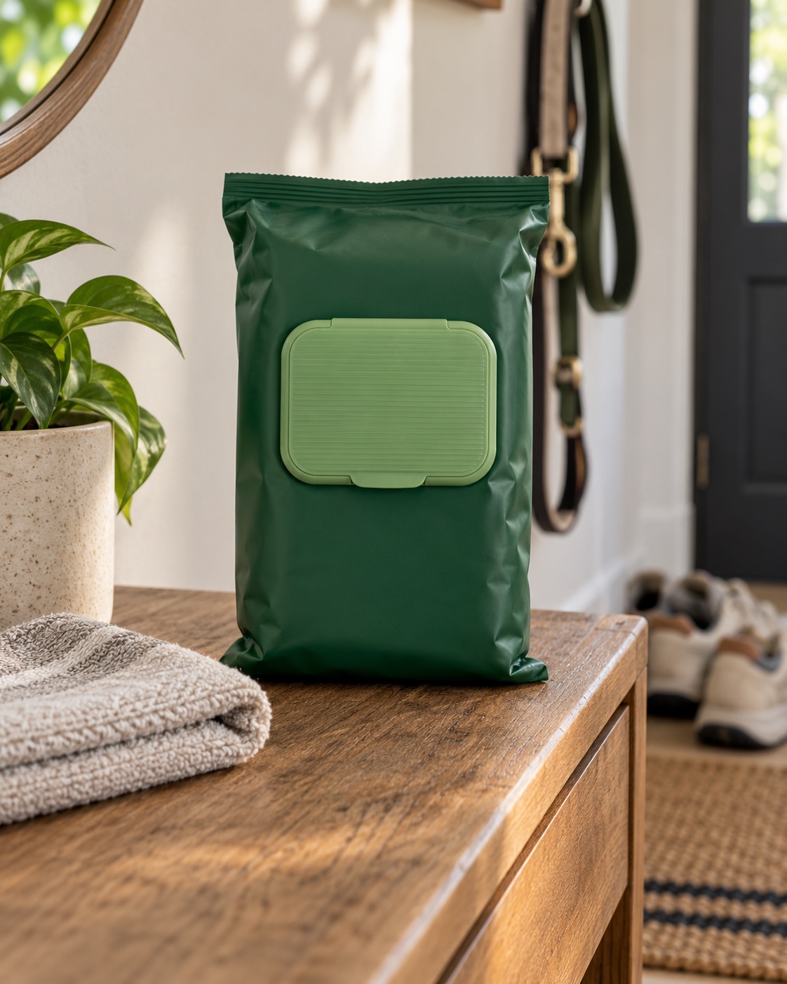 10 Dog Paw Cleaners for Muddy Apartment Entryways Dark green resealable dog wipes pouch with a light green flip-top lid