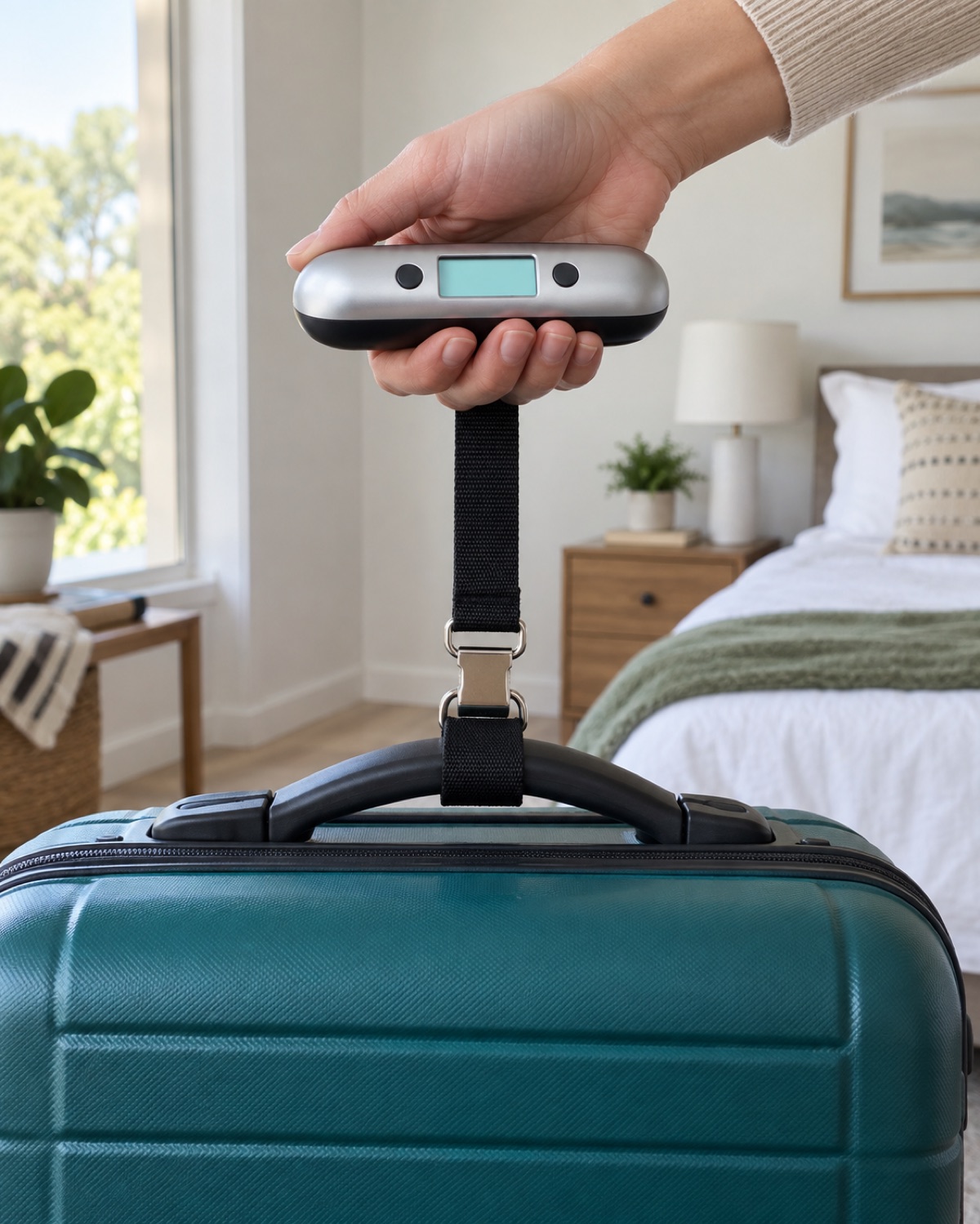 10 Portable Luggage Scales That Make Airline Weight Checks Easier Silver and black luggage scale attached to a teal hardshell suitcase