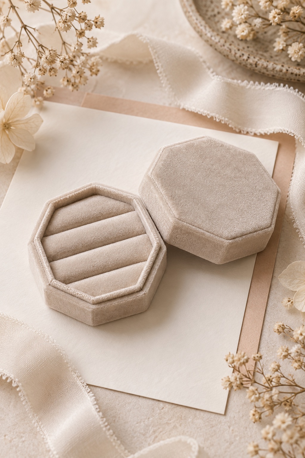 Low-profile beige velvet octagonal three-slot ring box with removable lid