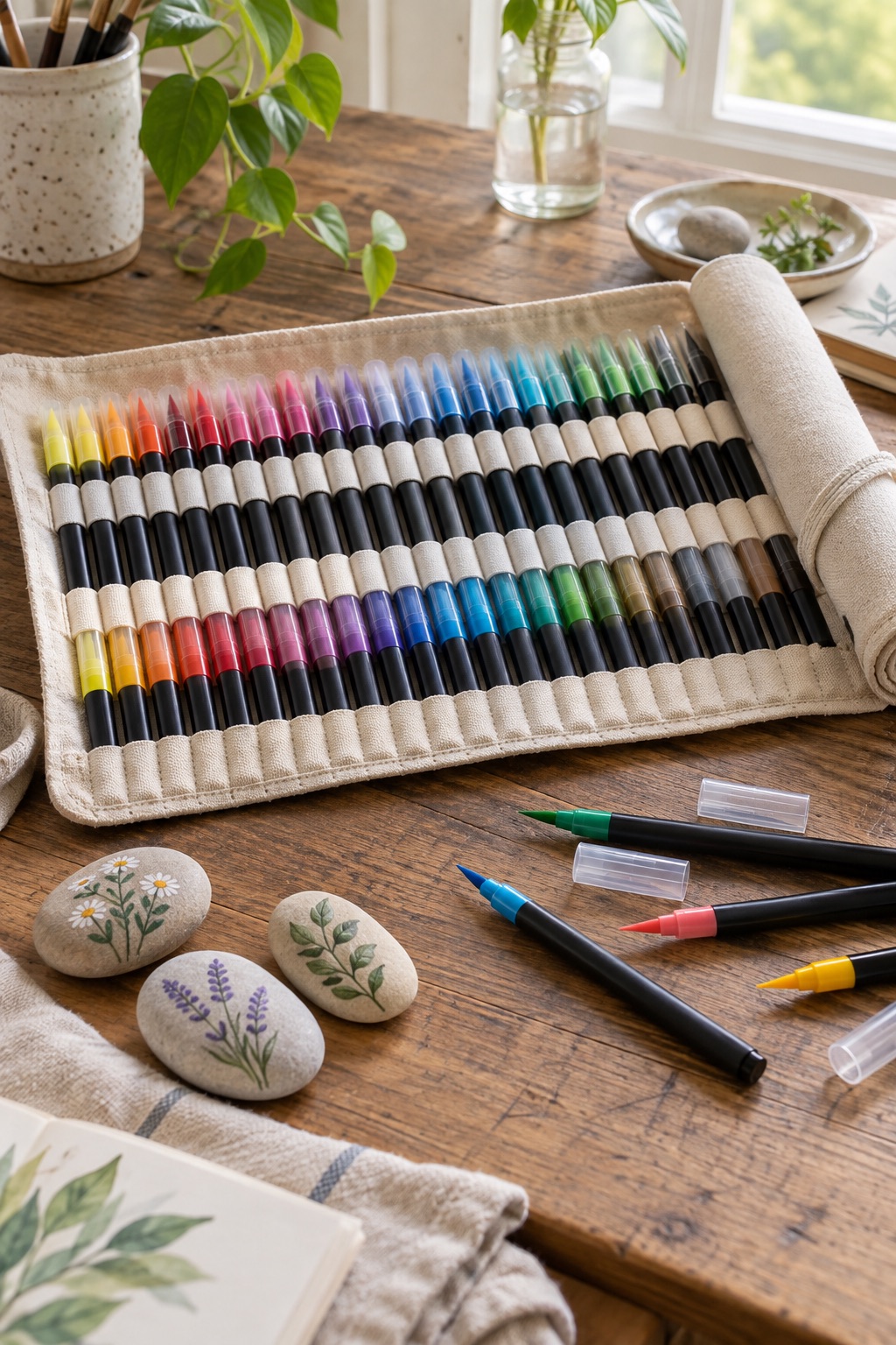 Acrylic brush markers in a plain canvas roll beside painted pebbles
