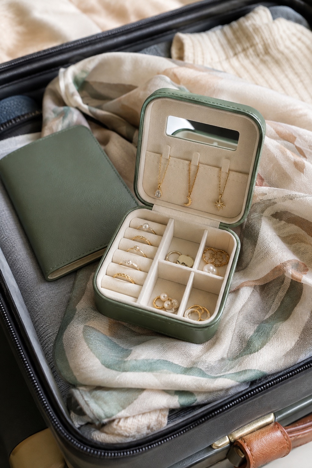 10 Compact Travel Jewelry Cases That Fit in a Carry-On Palm-size green travel jewelry case with mirror and dividers