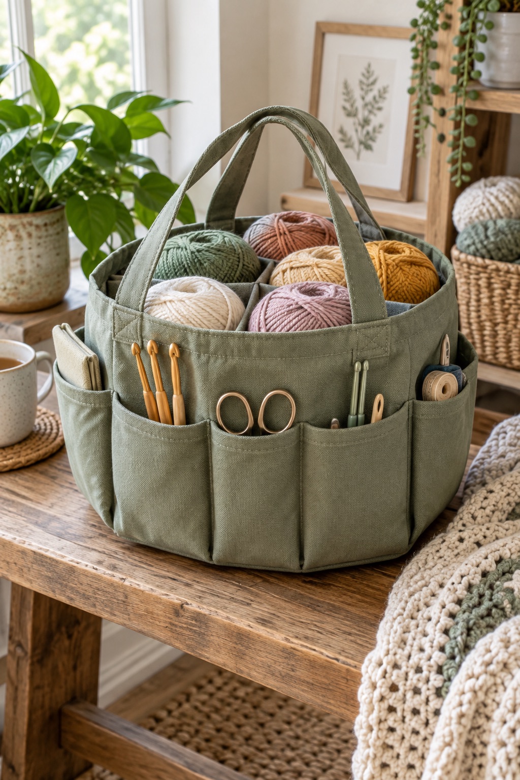 13 Crochet Project Bags That Keep Yarn Tangle-Free on the Go Sage canvas crochet basket bag holding yarn, hooks, and scissors