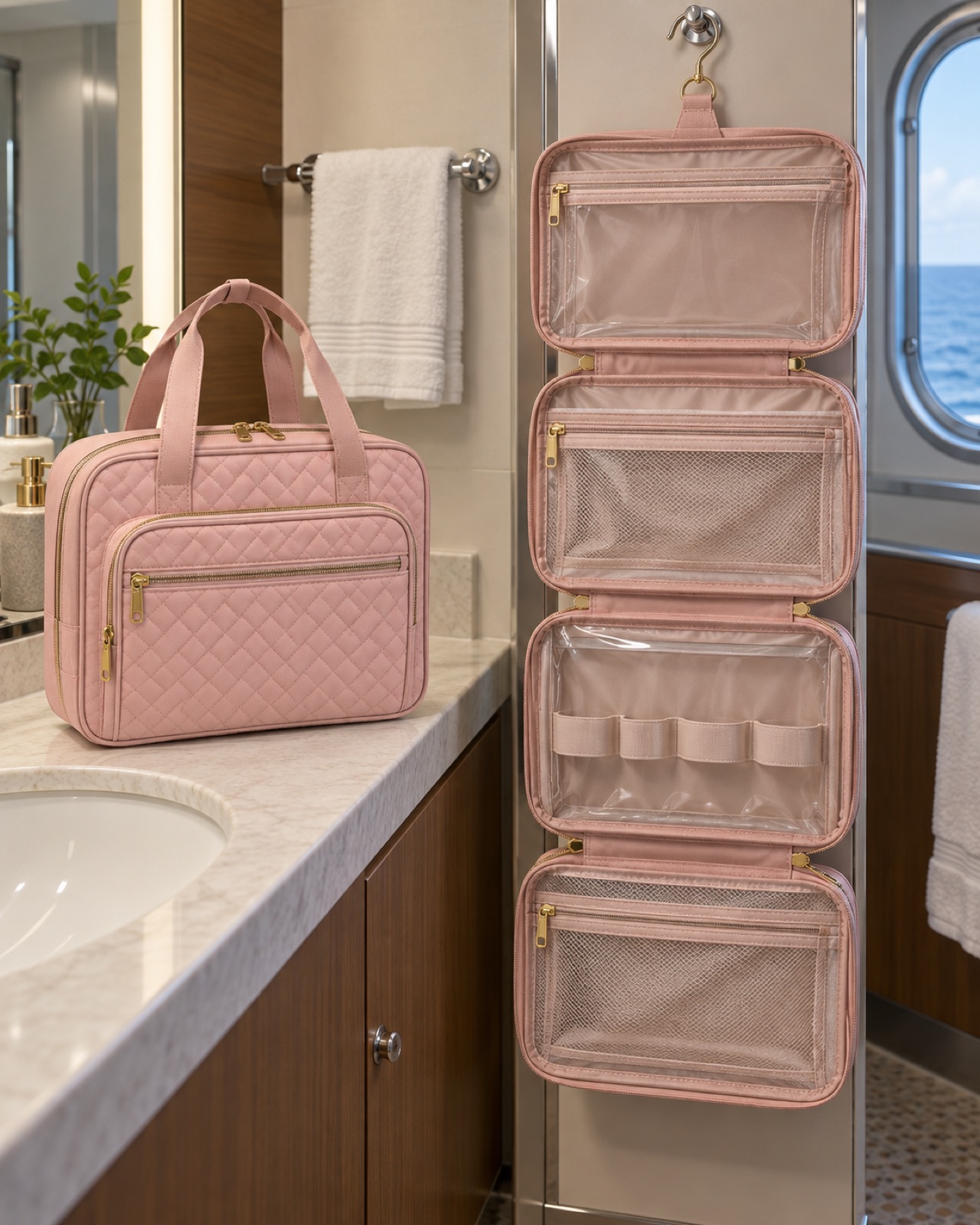 Open blush-pink NISHEL large hanging toiletry organizer