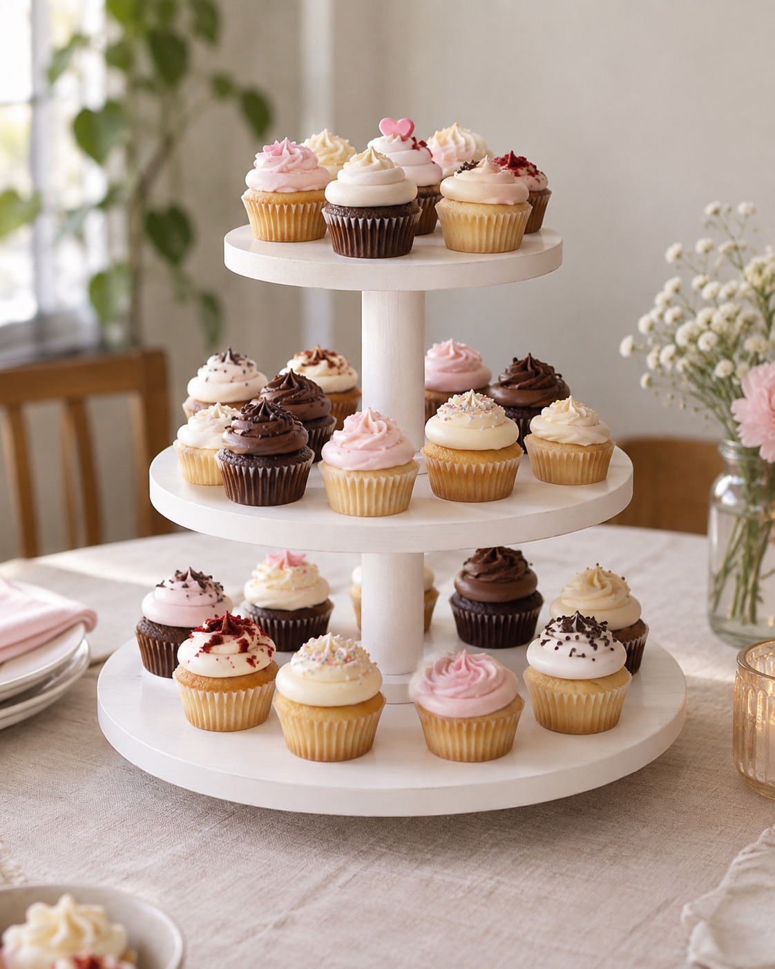 10 Tiered Cupcake Stands for Small Party Dessert Tables White three-tier round wooden cupcake stand on a birthday table