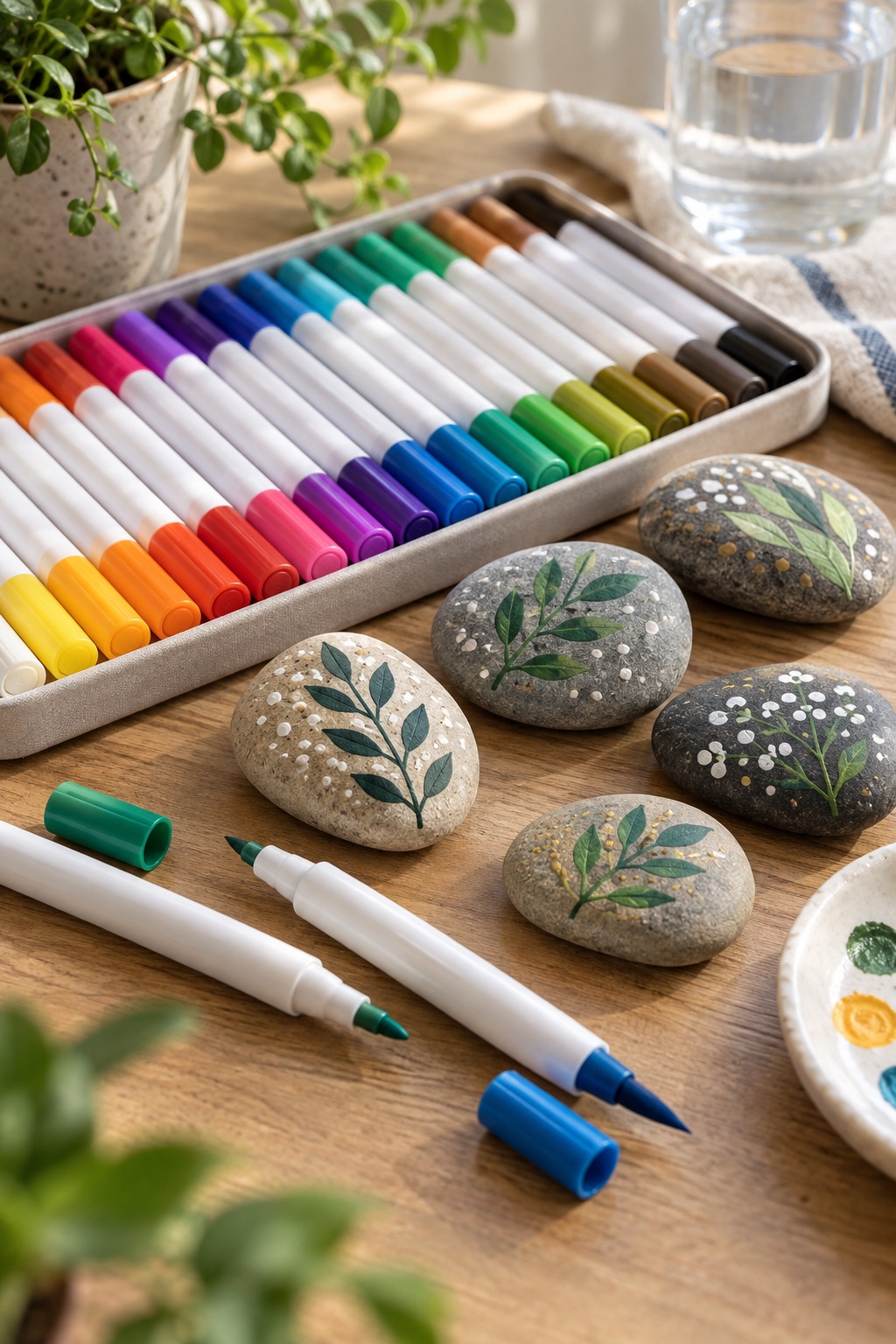 Fine and brush-tip paint markers beside botanical painted stones