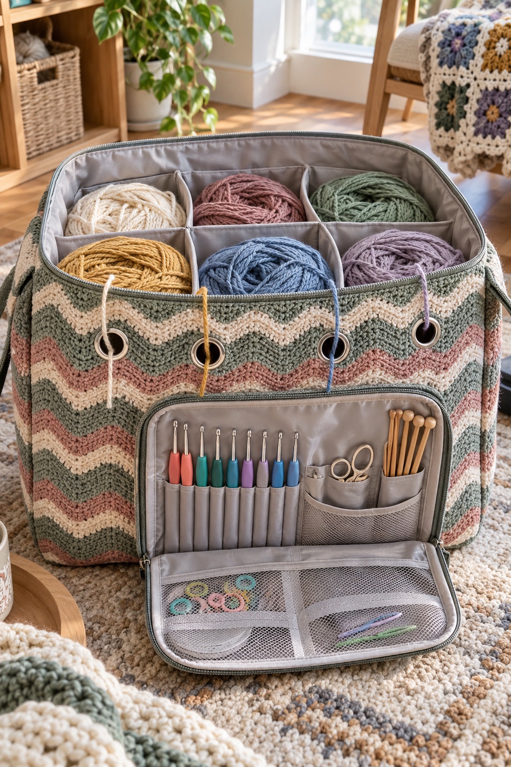 13 Crochet Project Bags That Keep Yarn Tangle-Free on the Go Large crochet organizer with separated yarn and oversized feed grommets