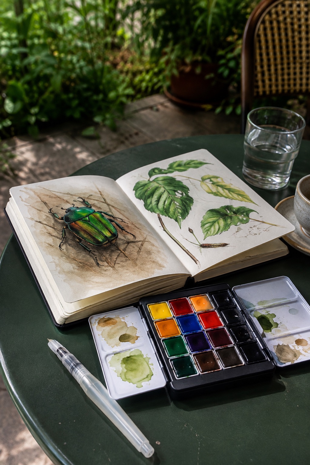 12 Portable Watercolor Sets for Beginner Nature Journaling Vivid travel paint palette beside a beetle and leaf nature journal