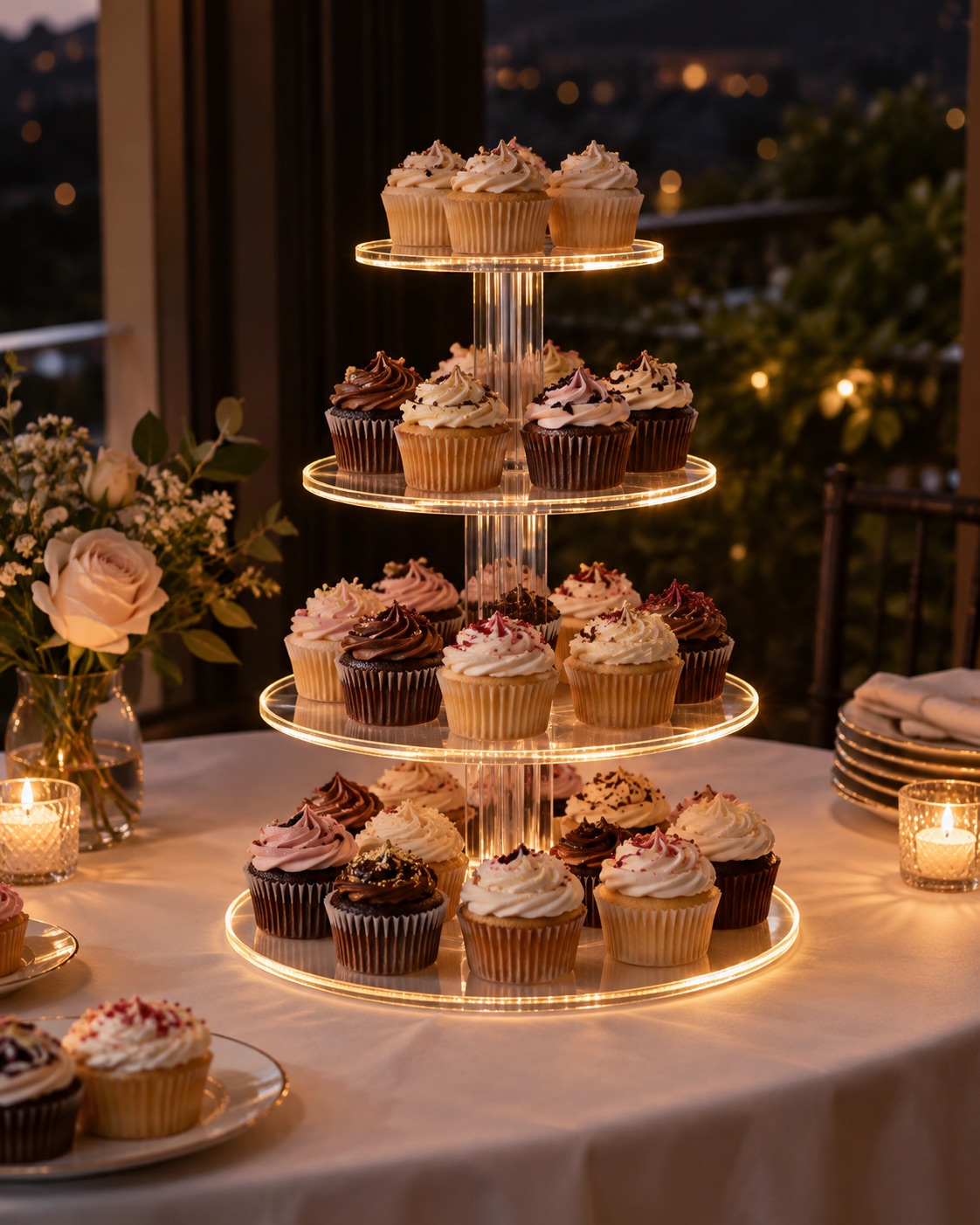 10 Tiered Cupcake Stands for Small Party Dessert Tables Four-tier clear acrylic cupcake stand with warm edge lighting